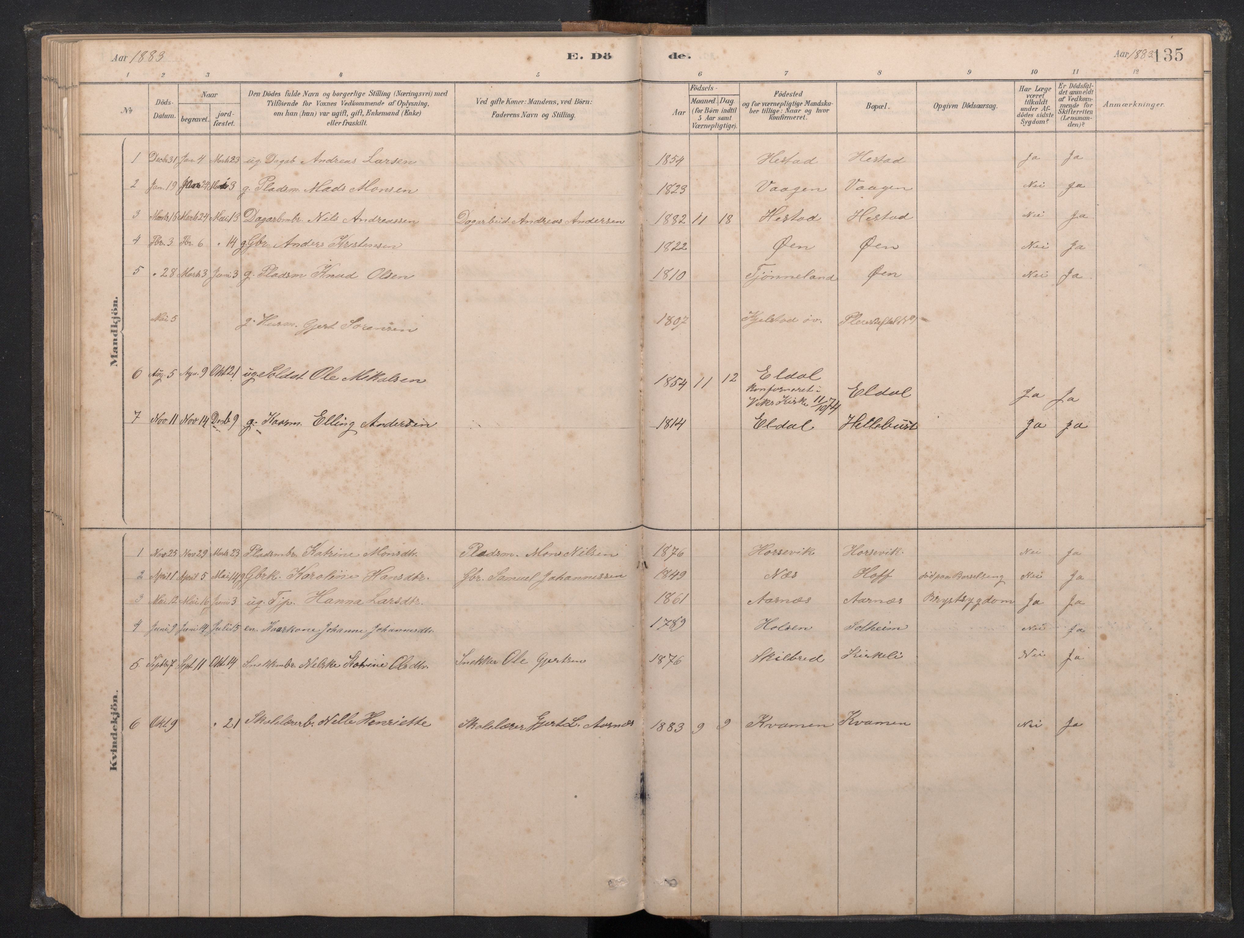 Gaular sokneprestembete, AV/SAB-A-80001/H/Hab: Parish register (copy) no. C 3, 1878-1897, p. 134b-135a