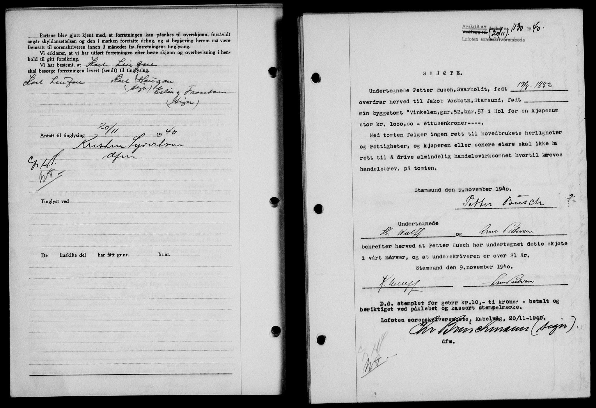 Lofoten sorenskriveri, SAT/A-0017/1/2/2C/L0008a: Mortgage book no. 8a, 1940-1941, Diary no: : 1130/1940