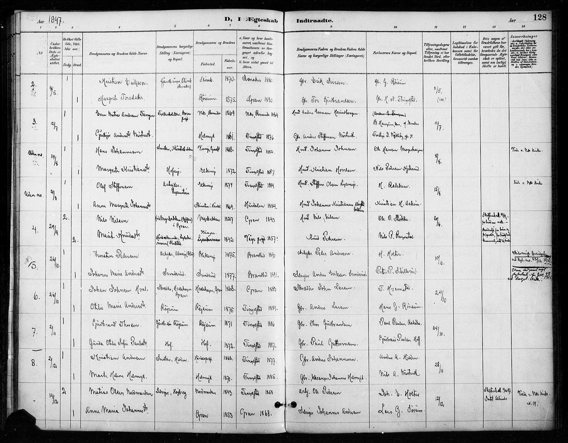 Gran prestekontor, SAH/PREST-112/H/Ha/Haa/L0018: Parish register (official) no. 18, 1889-1899, p. 128