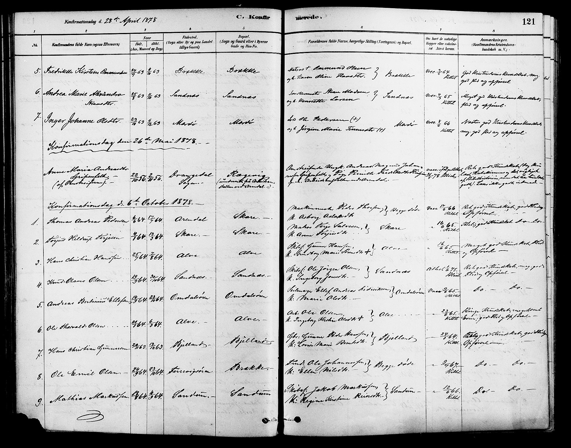 Tromøy sokneprestkontor, AV/SAK-1111-0041/F/Fa/L0009: Parish register (official) no. A 9, 1878-1896, p. 121