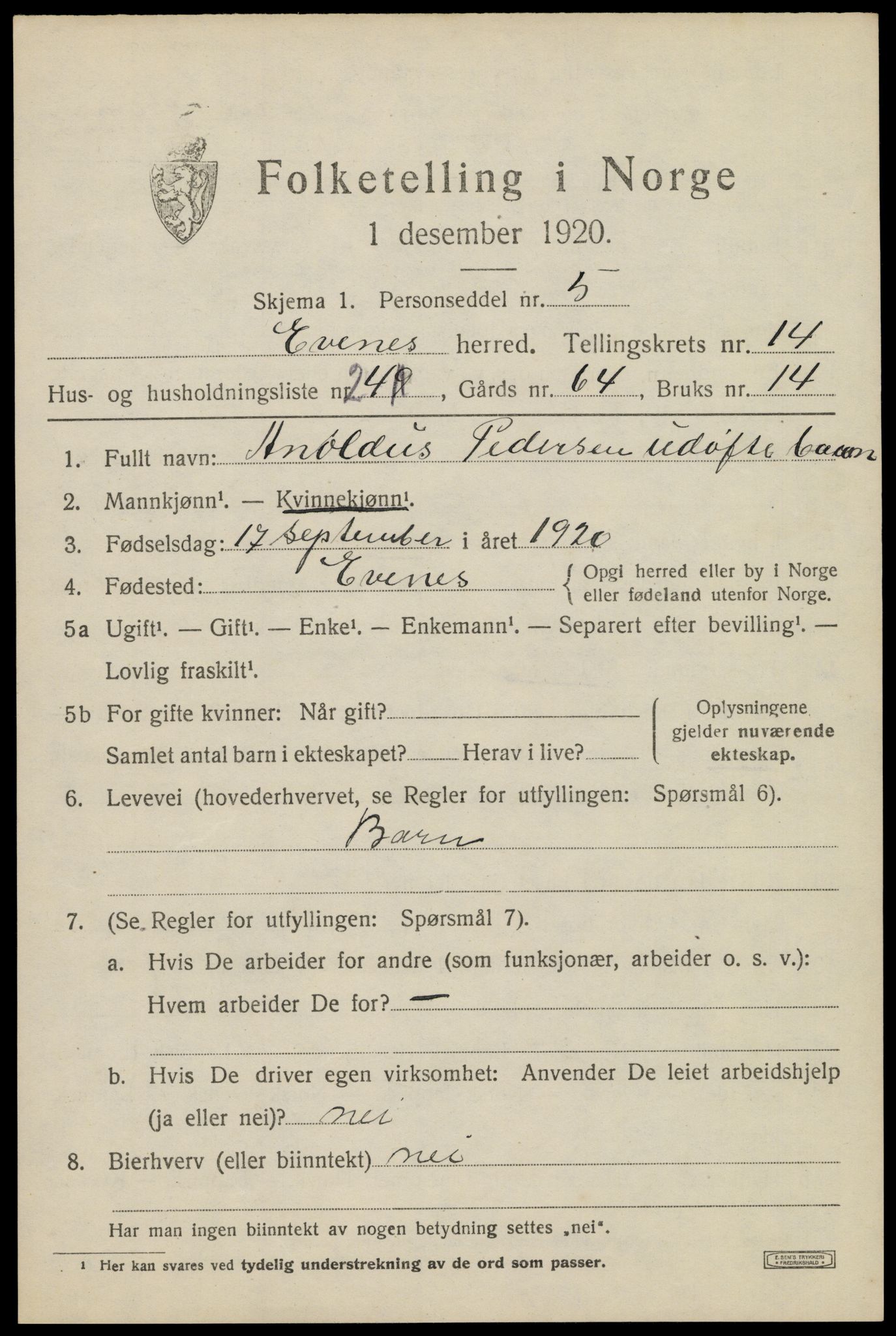 SAT, 1920 census for Evenes, 1920, p. 12482