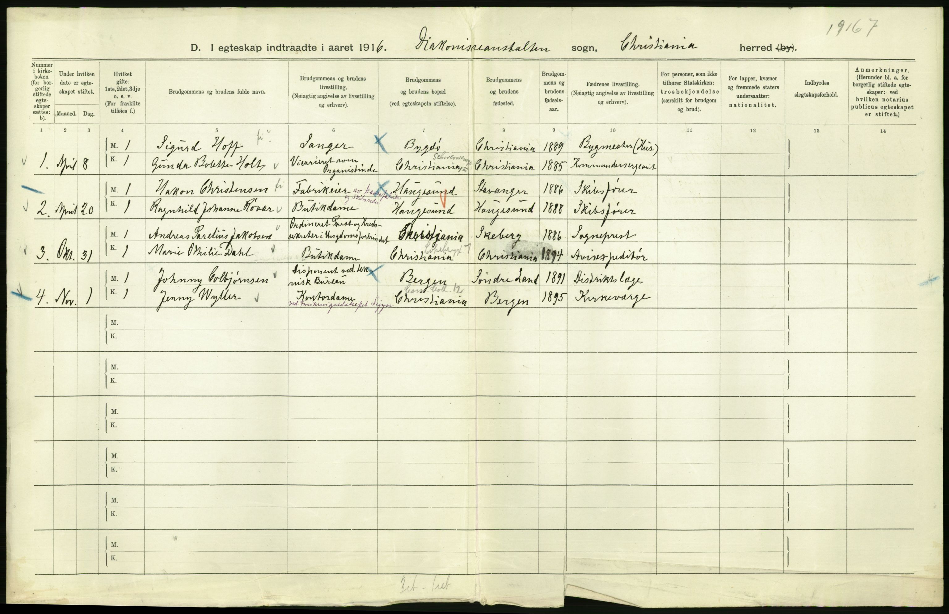 Statistisk sentralbyrå, Sosiodemografiske emner, Befolkning, RA/S-2228/D/Df/Dfb/Dfbf/L0008: Kristiania: Gifte, 1916, p. 954