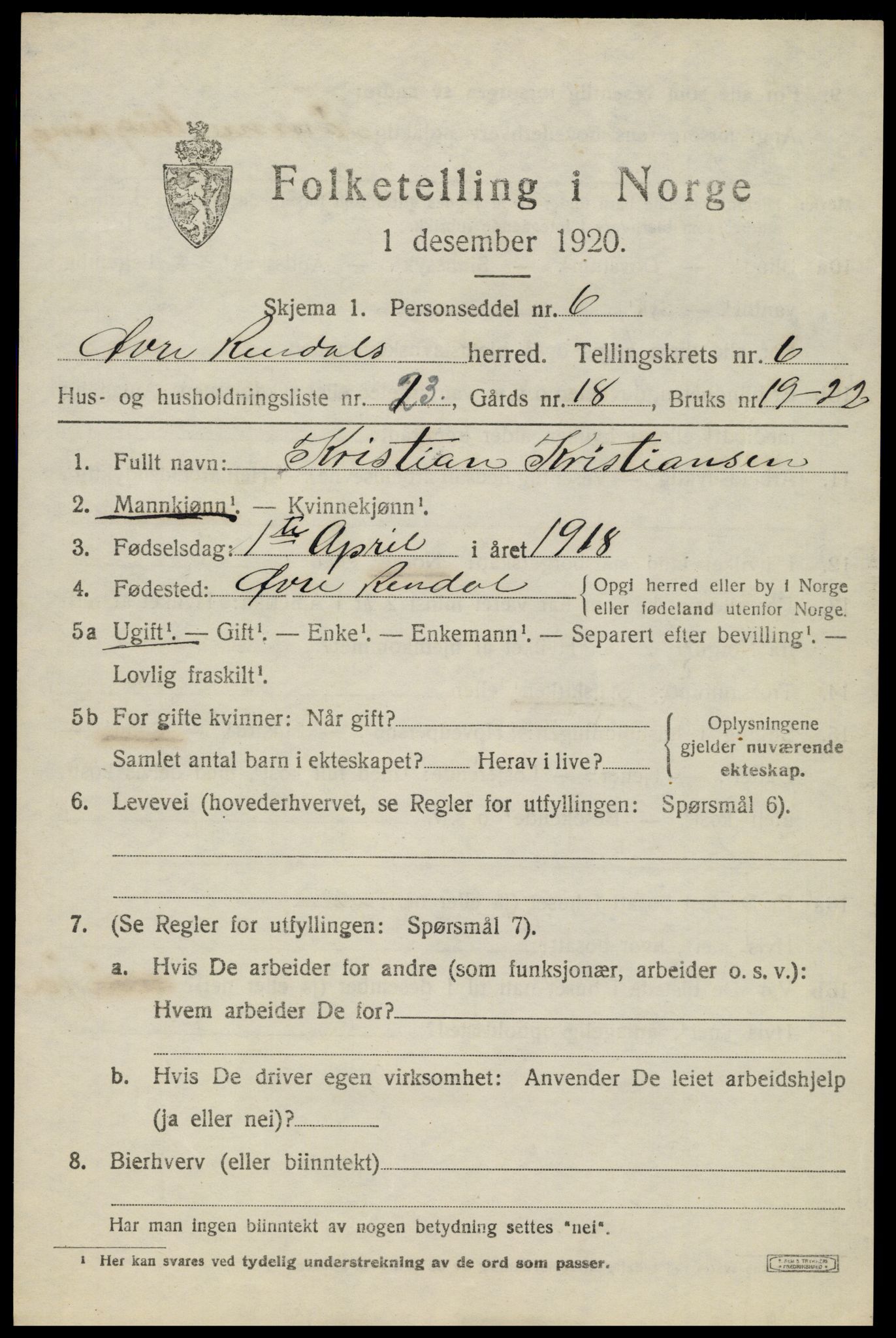 SAH, 1920 census for Øvre Rendal, 1920, p. 2443