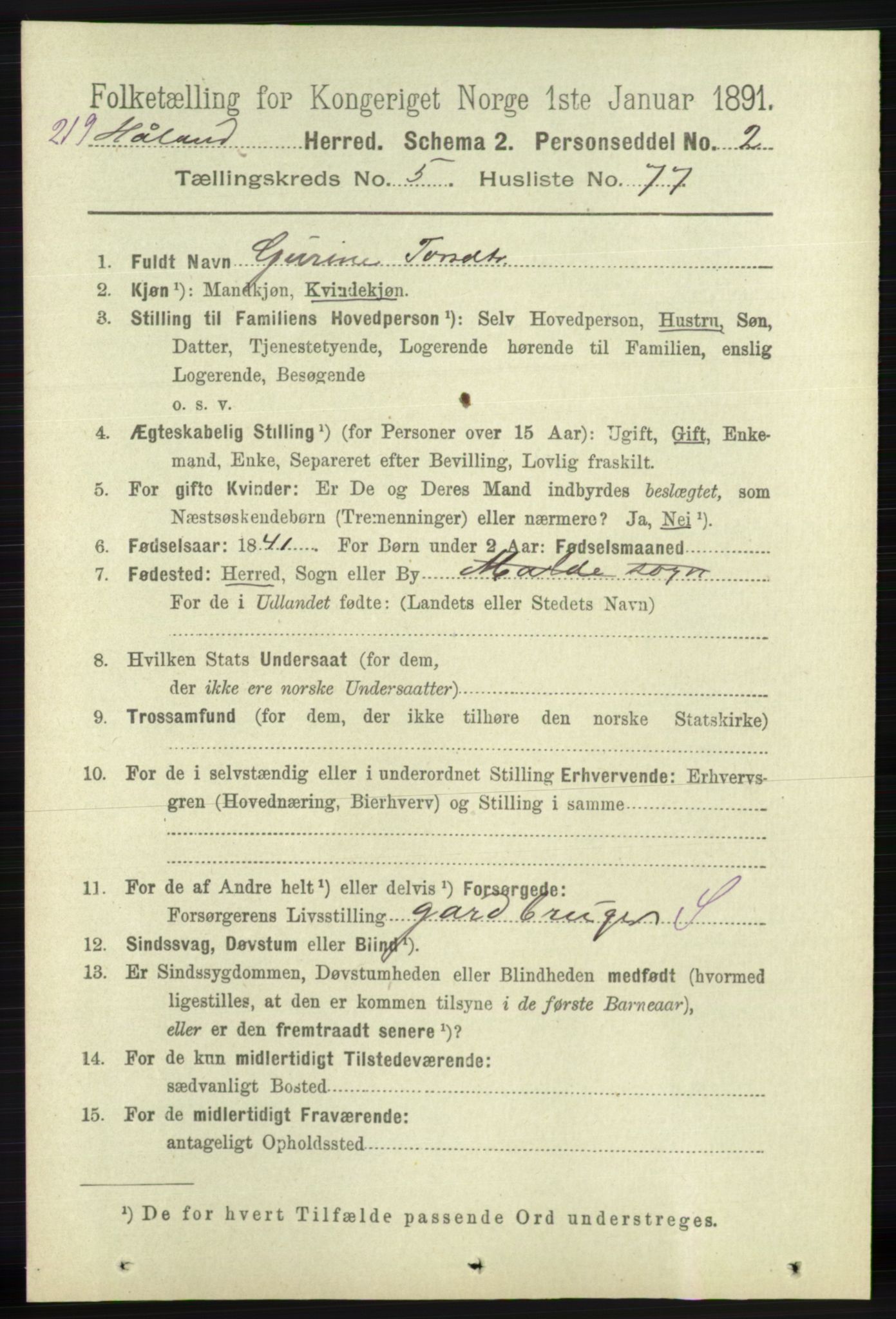 RA, 1891 census for 1124 Haaland, 1891, p. 3781