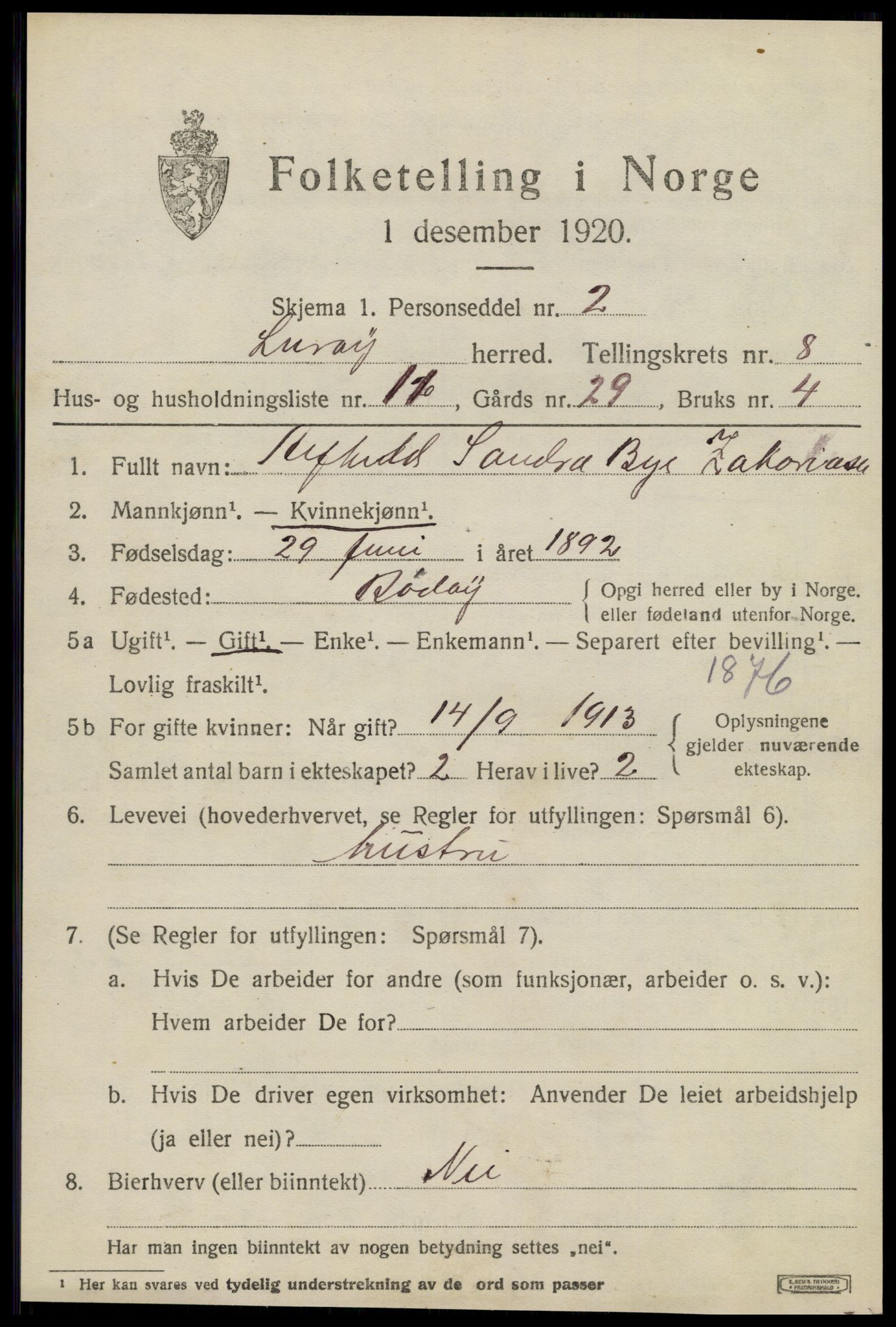 SAT, 1920 census for Lurøy, 1920, p. 4017