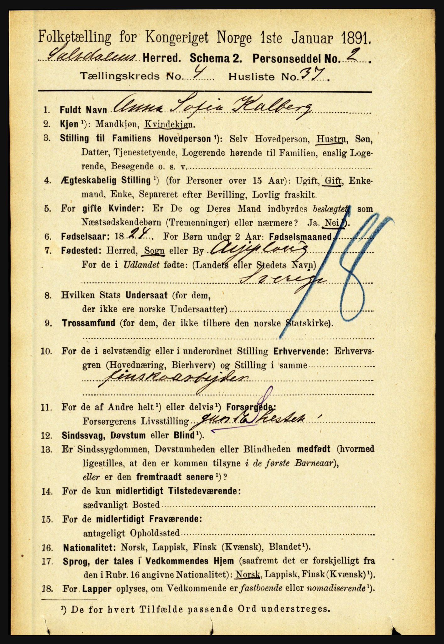 RA, 1891 census for 1840 Saltdal, 1891, p. 2573