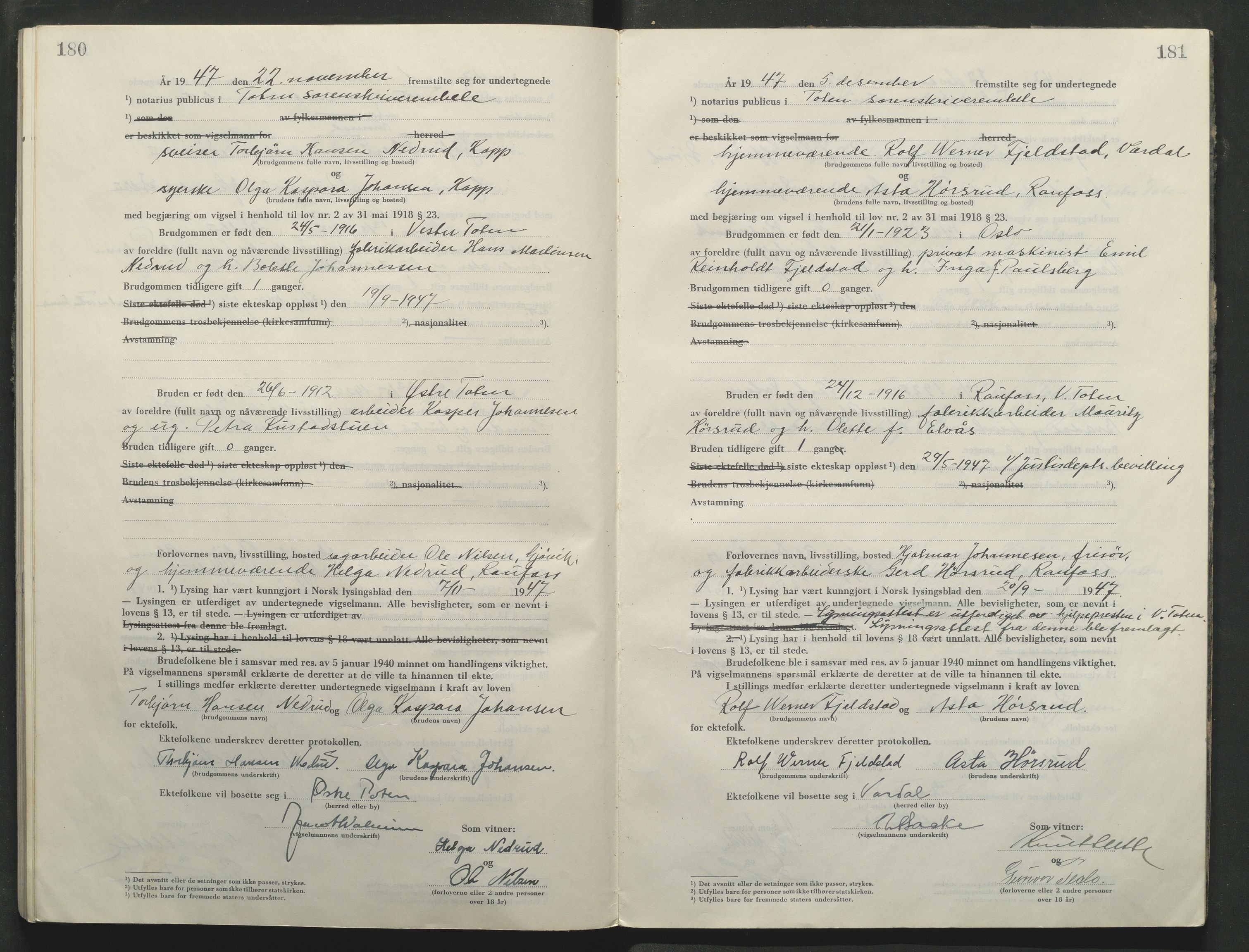 Toten tingrett, AV/SAH-TING-006/L/Lc/L0005: Vigselbok, 1944-1948, p. 180-181