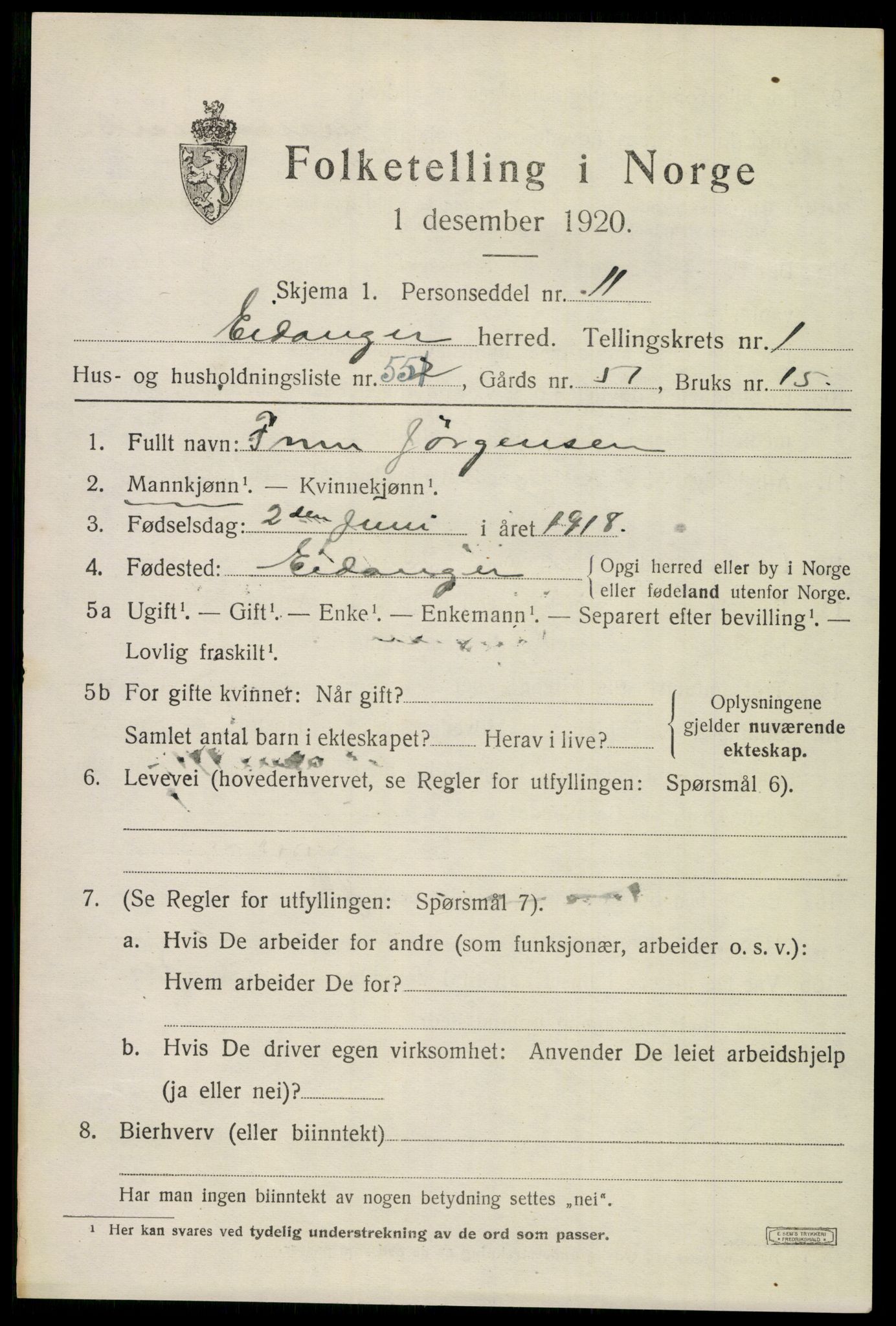 SAKO, 1920 census for Eidanger, 1920, p. 2348