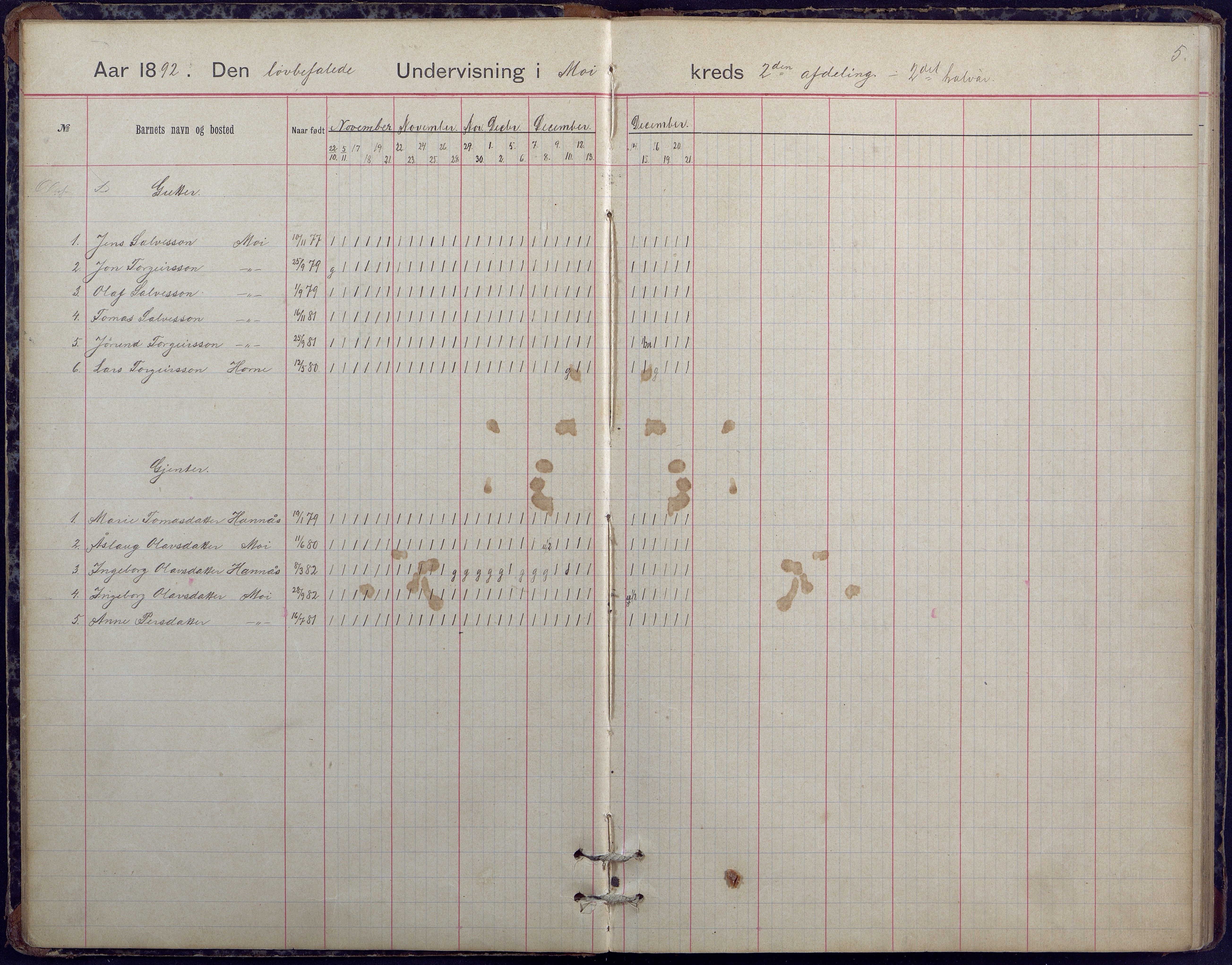 Hornnes kommune, Moi, Moseid, Kjetså skolekretser, AAKS/KA0936-550e/F1/L0005: Dagbok. Moseid, Moi, 1892-1908, p. 5