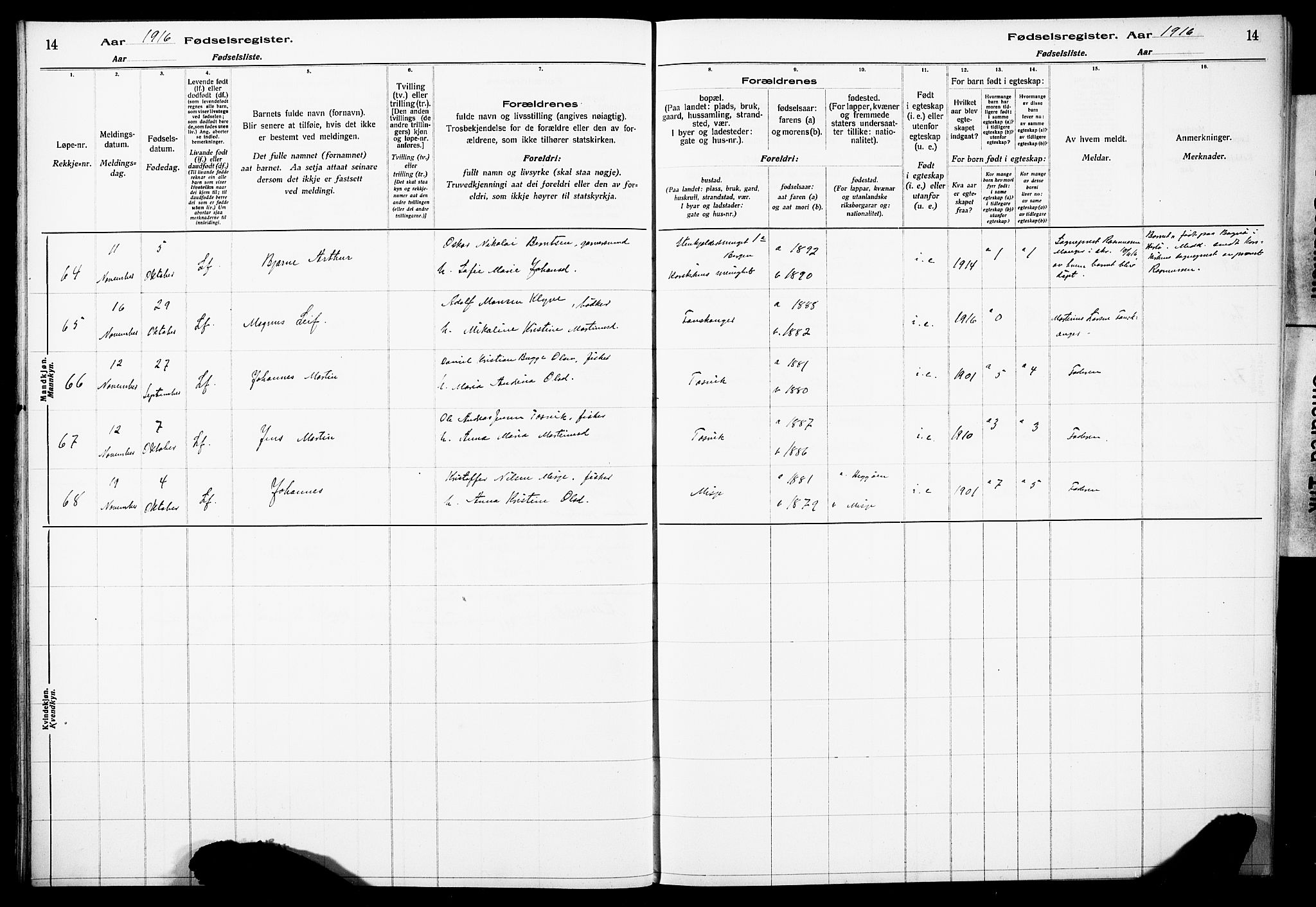 Herdla Sokneprestembete, AV/SAB-A-75701/I/Id/L00A1: Birth register no. A 1, 1916-1929, p. 14