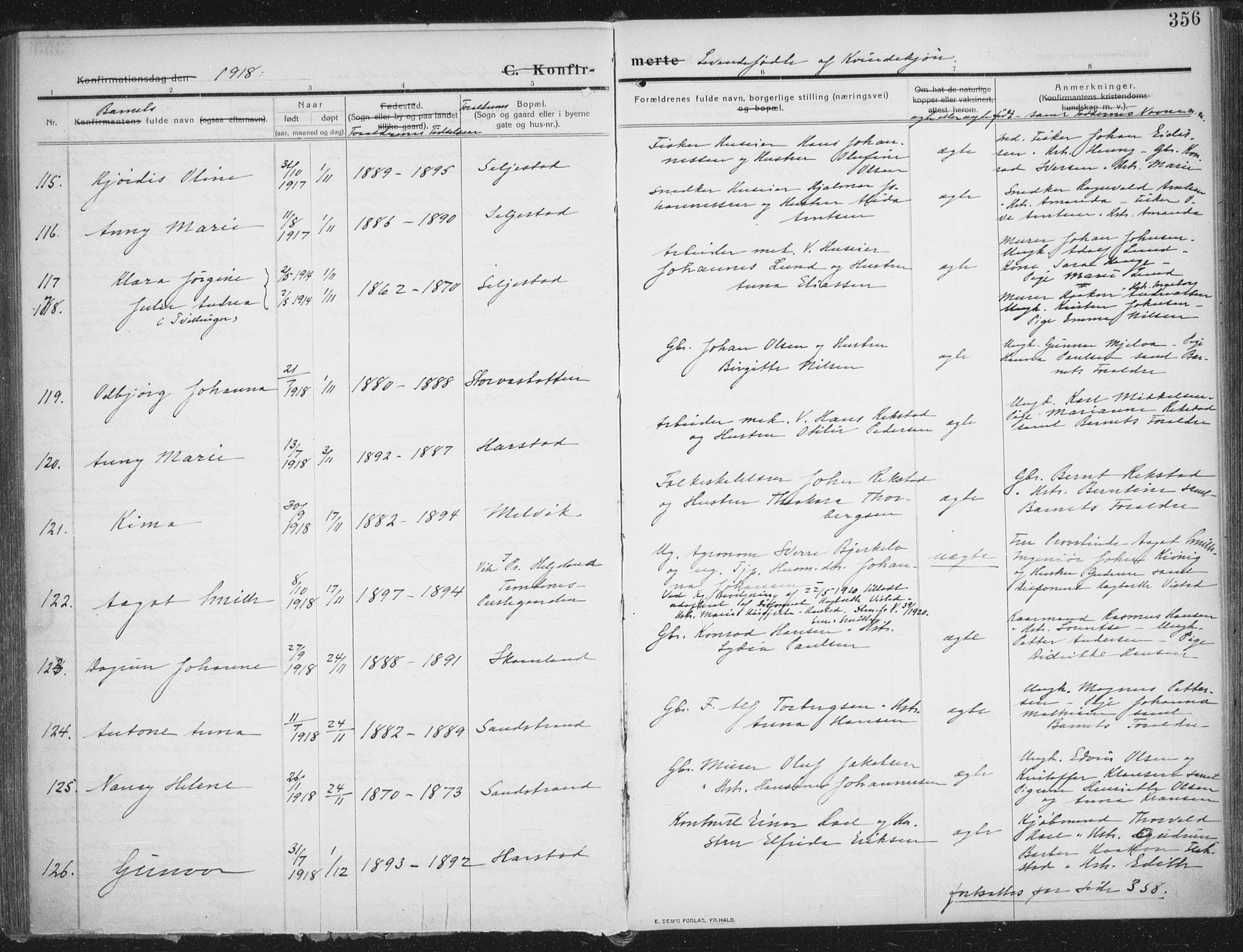 Trondenes sokneprestkontor, AV/SATØ-S-1319/H/Ha/L0018kirke: Parish register (official) no. 18, 1909-1918, p. 356