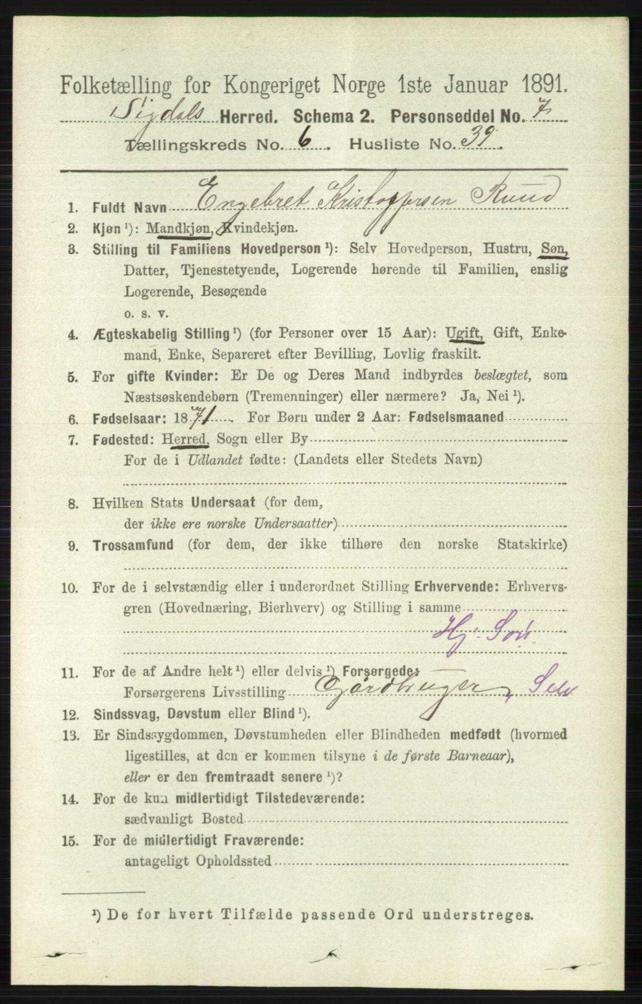 RA, 1891 census for 0621 Sigdal, 1891, p. 2640