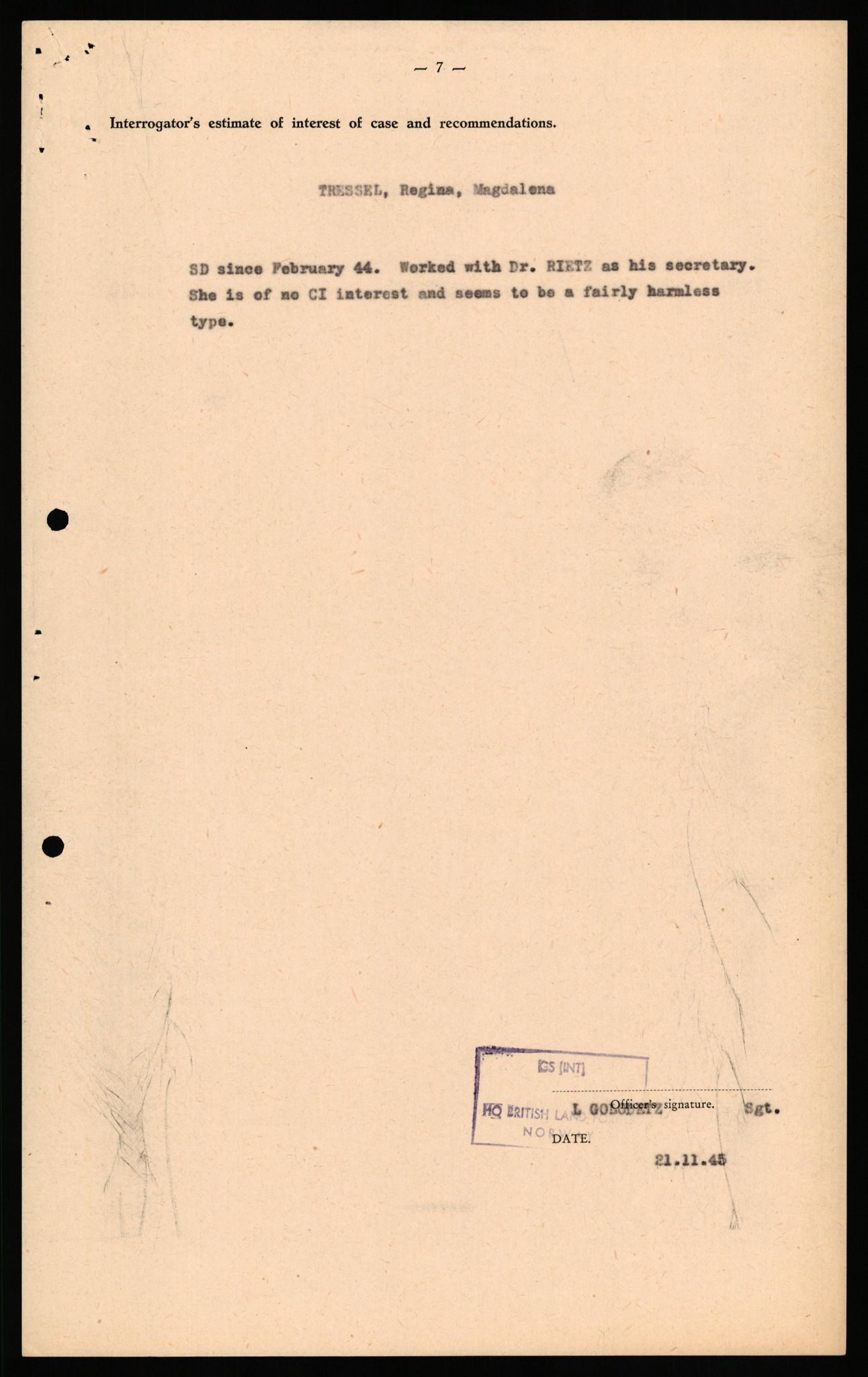 Forsvaret, Forsvarets overkommando II, AV/RA-RAFA-3915/D/Db/L0034: CI Questionaires. Tyske okkupasjonsstyrker i Norge. Tyskere., 1945-1946, p. 71