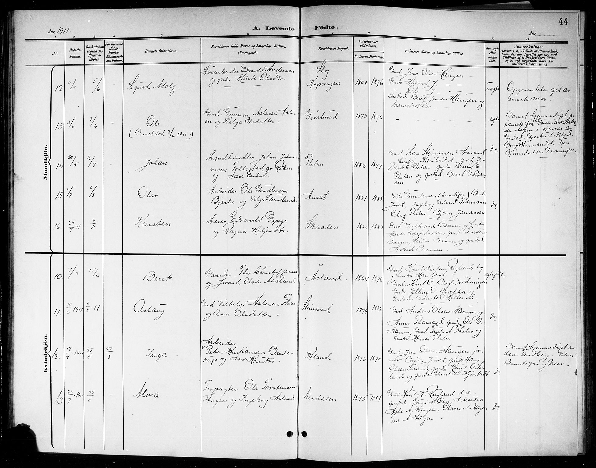 Sigdal kirkebøker, AV/SAKO-A-245/G/Gb/L0003: Parish register (copy) no. II 3, 1901-1916, p. 44