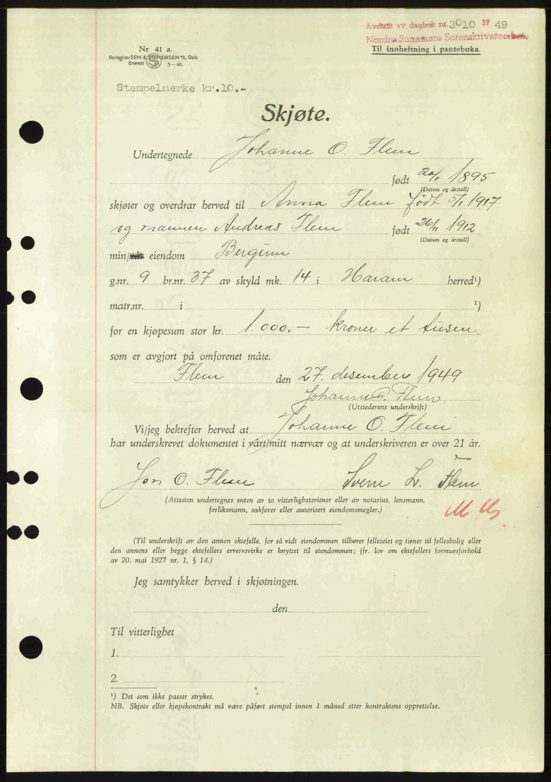 Nordre Sunnmøre sorenskriveri, AV/SAT-A-0006/1/2/2C/2Ca: Mortgage book no. A33, 1949-1950, Diary no: : 3010/1949