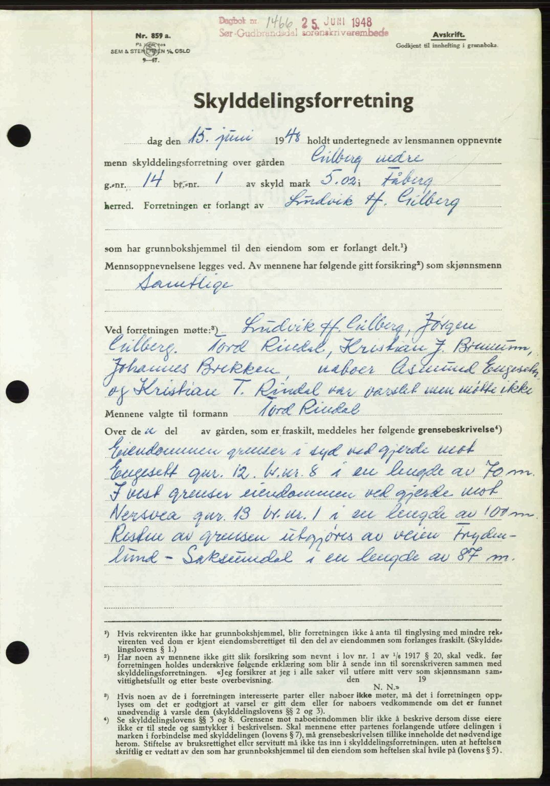 Sør-Gudbrandsdal tingrett, SAH/TING-004/H/Hb/Hbd/L0022: Mortgage book no. A22, 1948-1948, Diary no: : 1466/1948