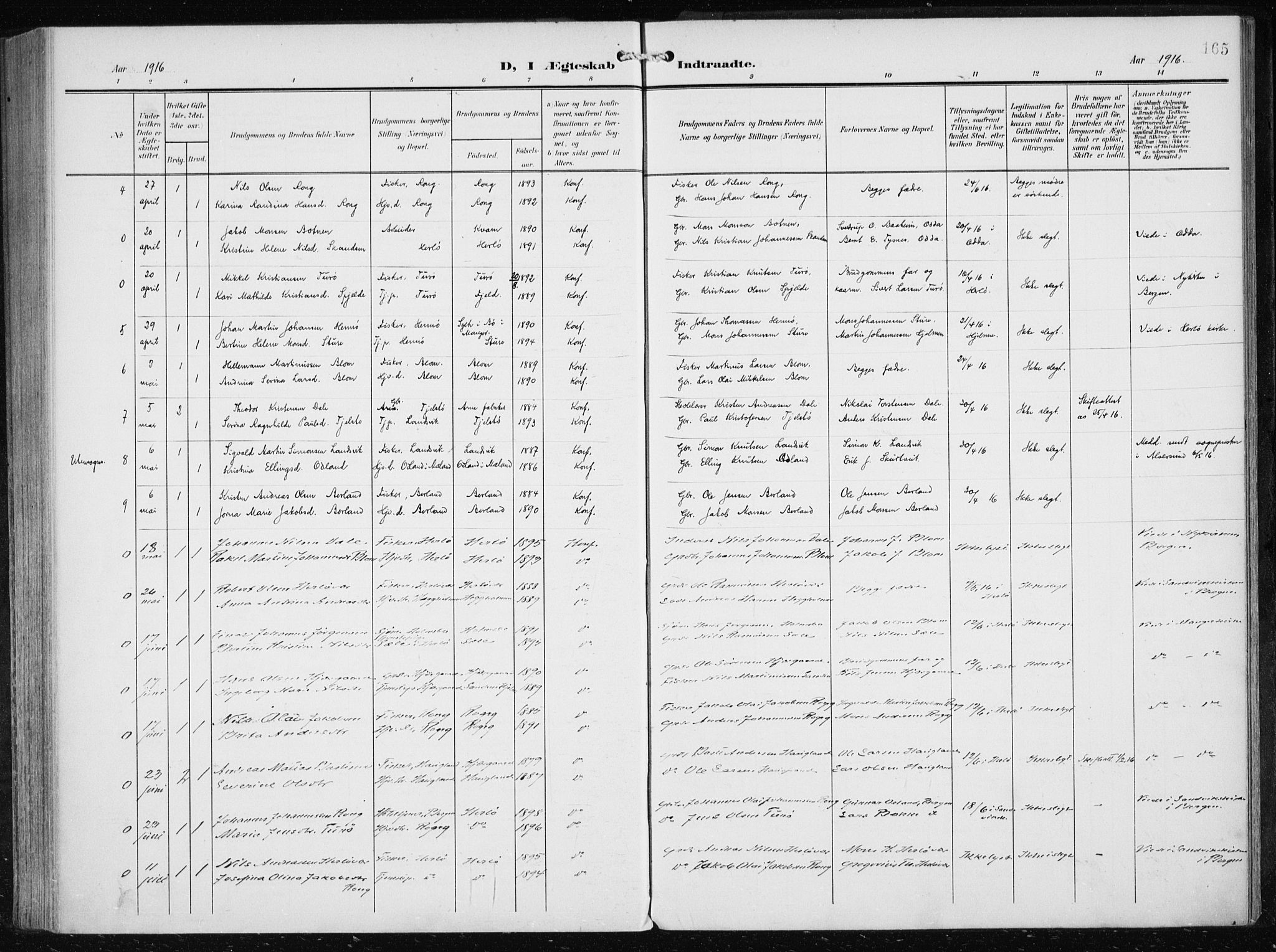 Herdla Sokneprestembete, AV/SAB-A-75701/H/Haa: Parish register (official) no. A 5, 1905-1918, p. 165