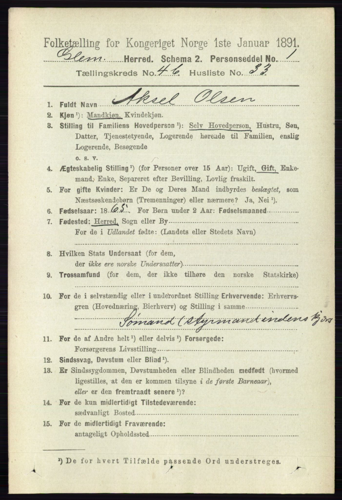 RA, 1891 census for 0132 Glemmen, 1891, p. 5160