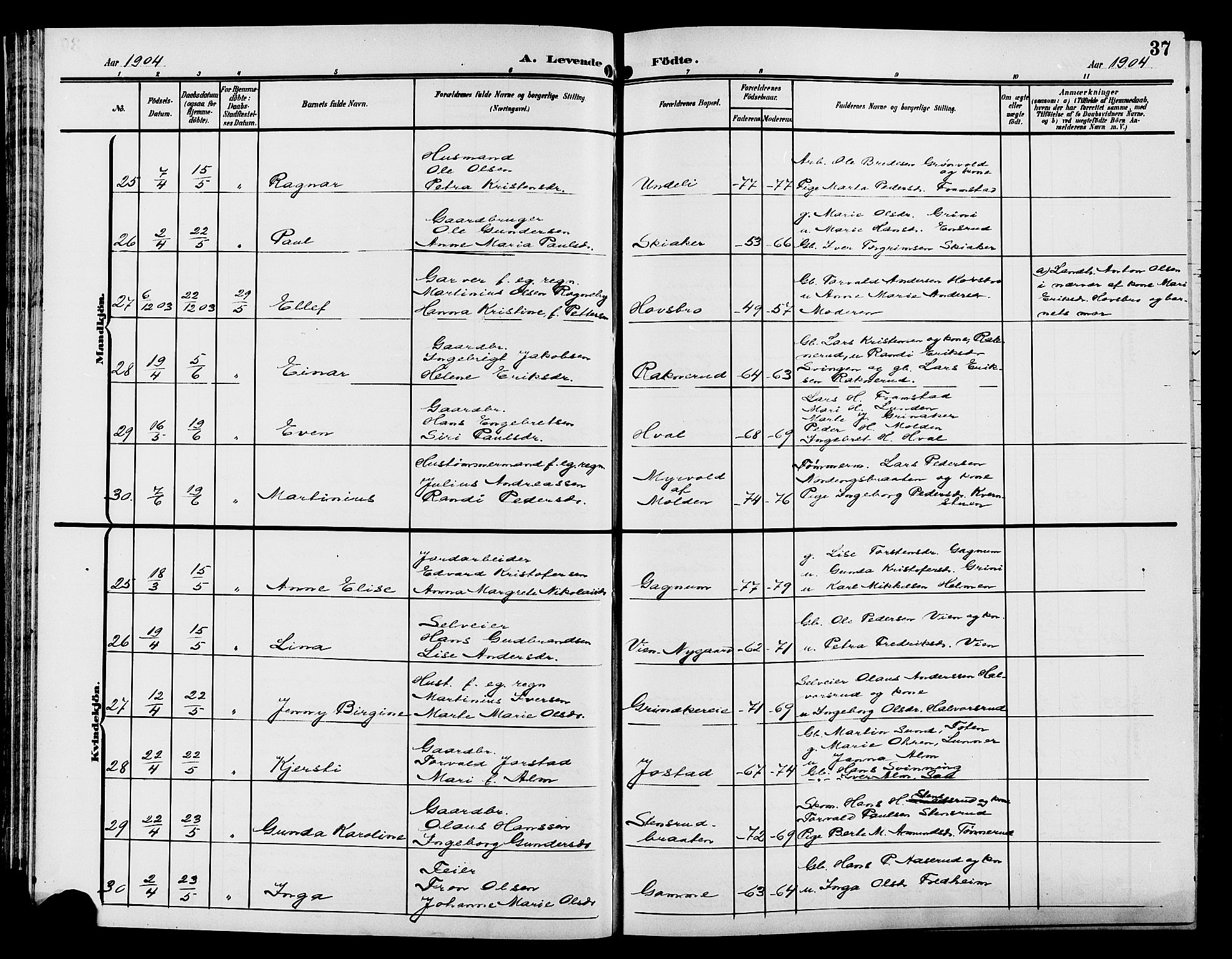 Gran prestekontor, AV/SAH-PREST-112/H/Ha/Hab/L0006: Parish register (copy) no. 6, 1901-1911, p. 37