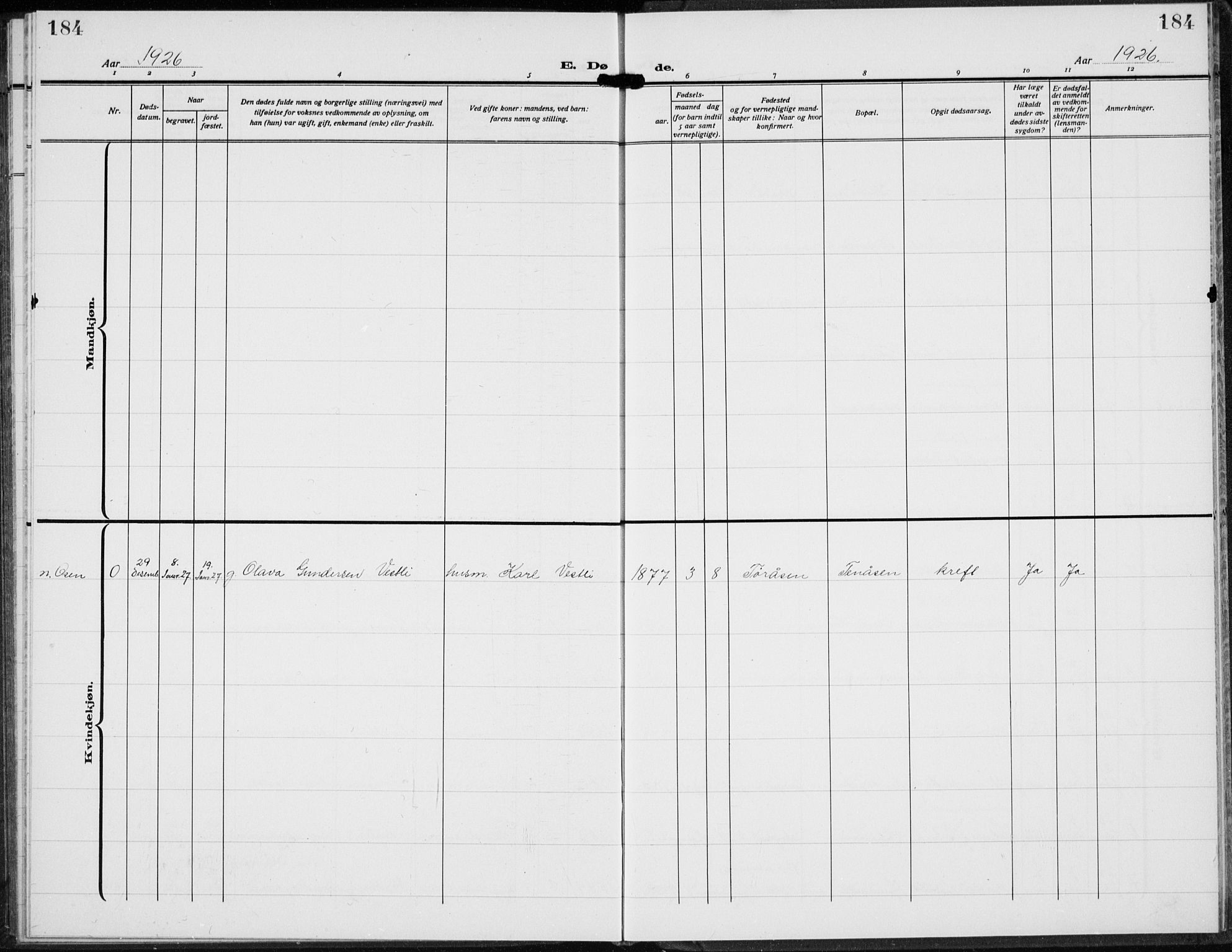 Trysil prestekontor, AV/SAH-PREST-046/H/Ha/Hab/L0010: Parish register (copy) no. 10, 1917-1937, p. 184