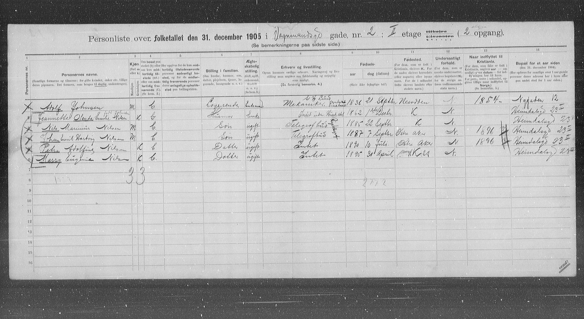 OBA, Municipal Census 1905 for Kristiania, 1905, p. 65490