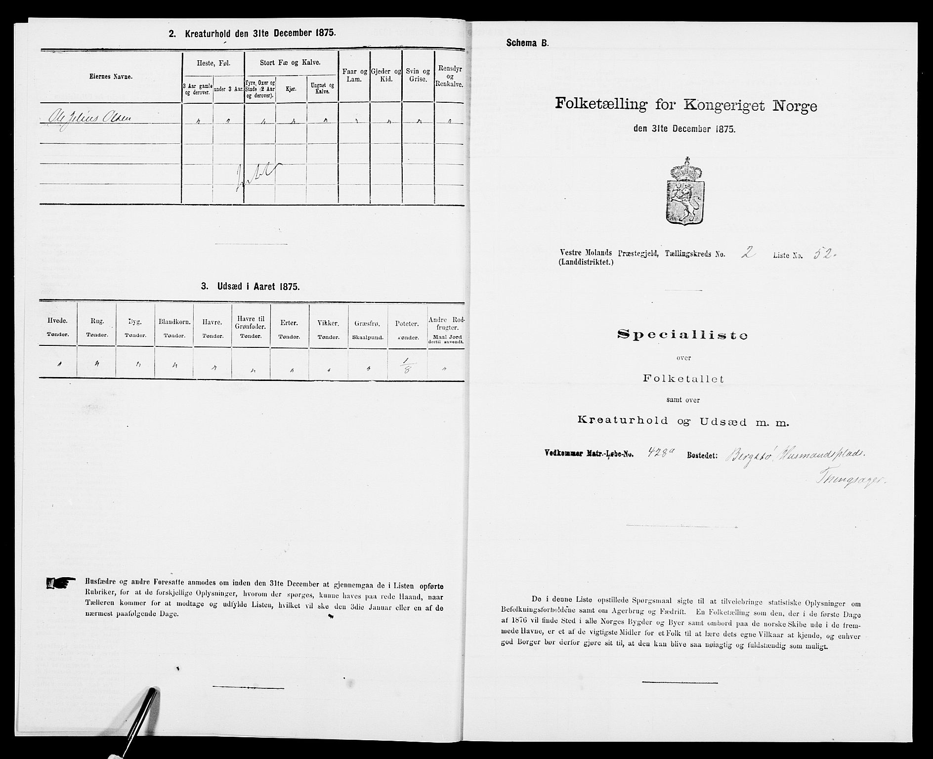 SAK, 1875 census for 0926L Vestre Moland/Vestre Moland, 1875, p. 282