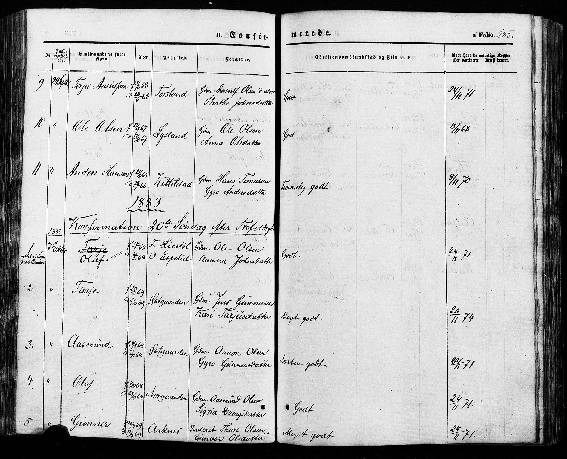 Åseral sokneprestkontor, SAK/1111-0051/F/Fa/L0002: Parish register (official) no. A 2, 1854-1884, p. 285