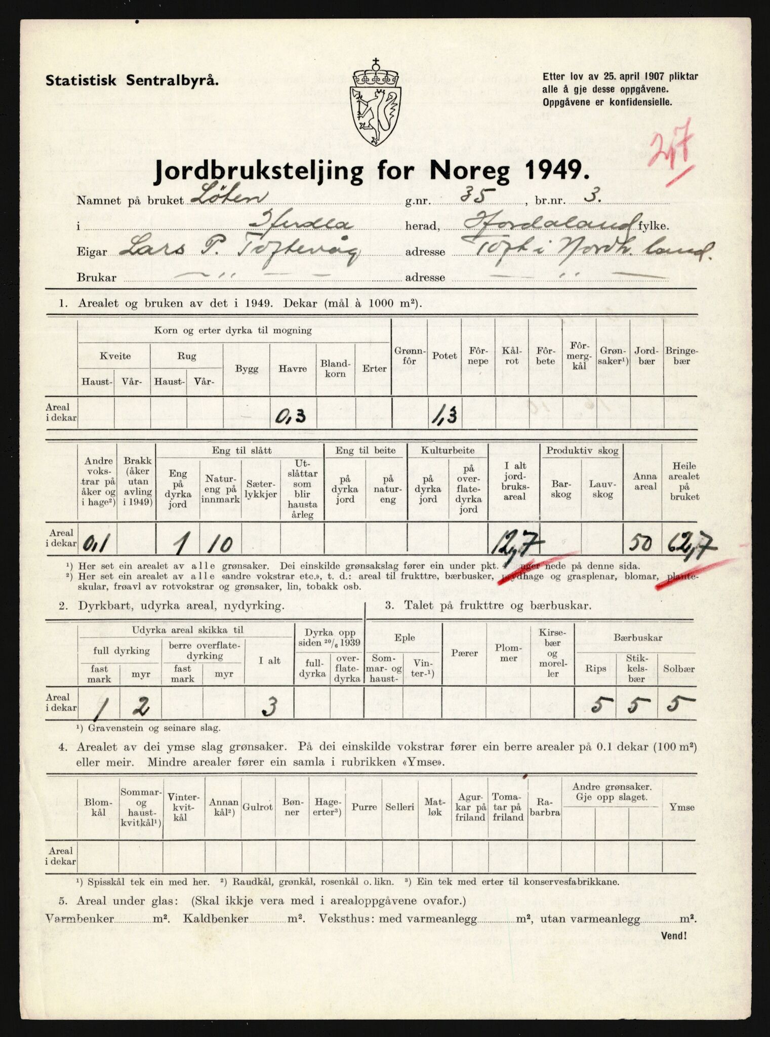 Statistisk sentralbyrå, Næringsøkonomiske emner, Jordbruk, skogbruk, jakt, fiske og fangst, AV/RA-S-2234/G/Gc/L0276: Hordaland: Herdla og Hjelme, 1949, p. 376