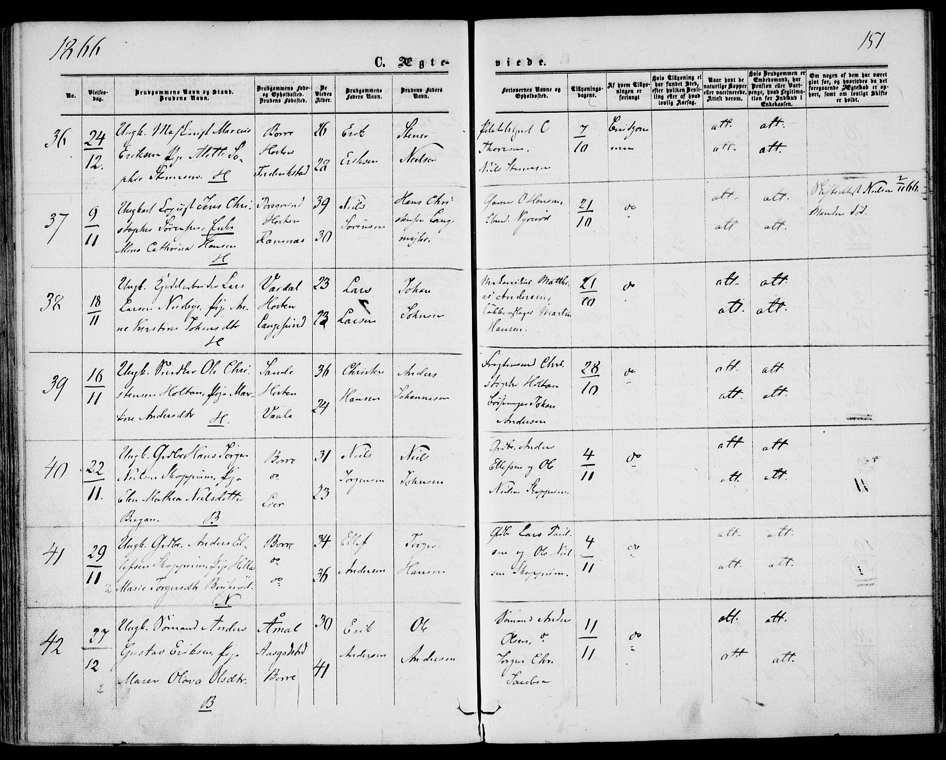 Borre kirkebøker, AV/SAKO-A-338/F/Fa/L0007: Parish register (official) no. I 7, 1862-1867, p. 151
