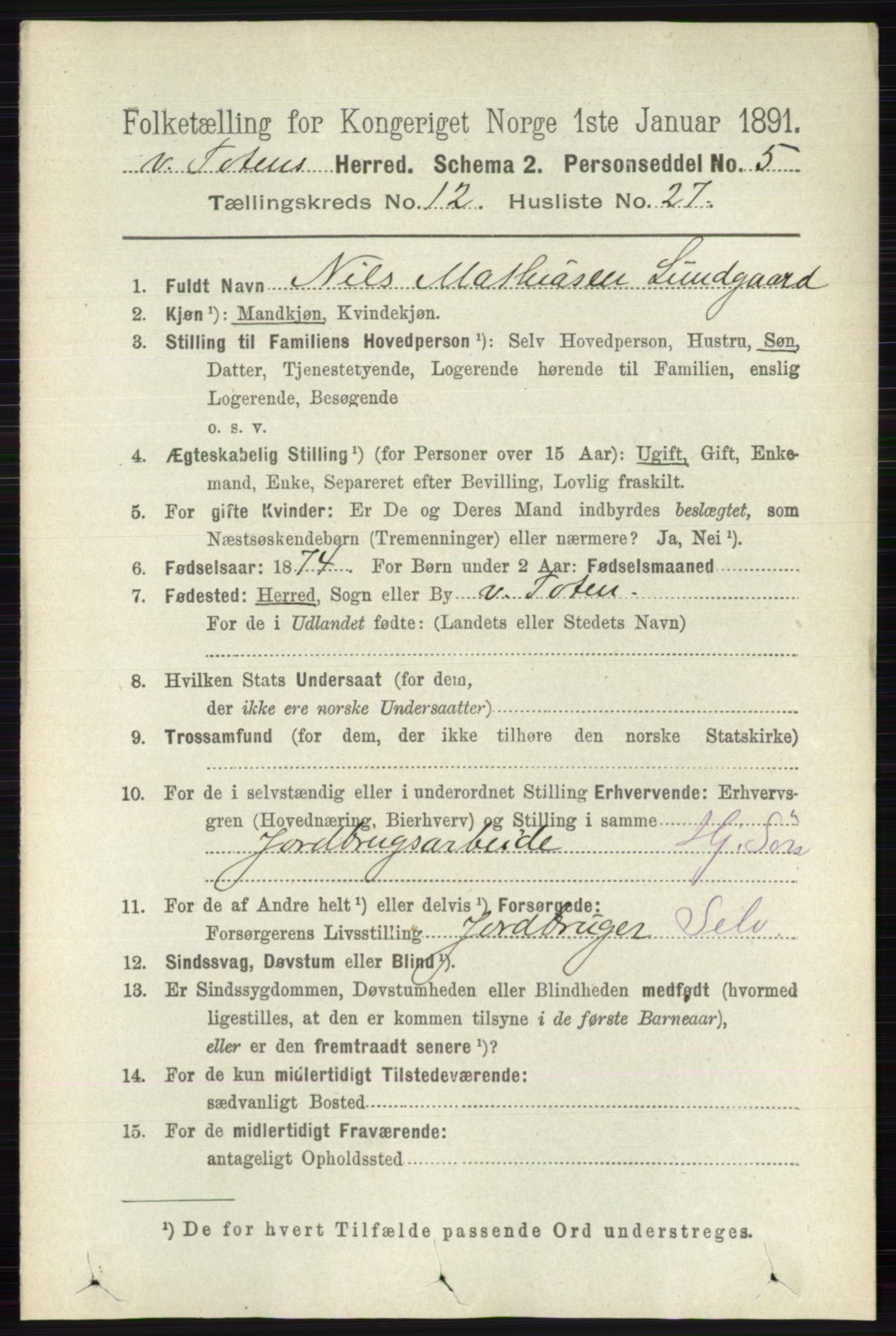 RA, 1891 census for 0529 Vestre Toten, 1891, p. 7449
