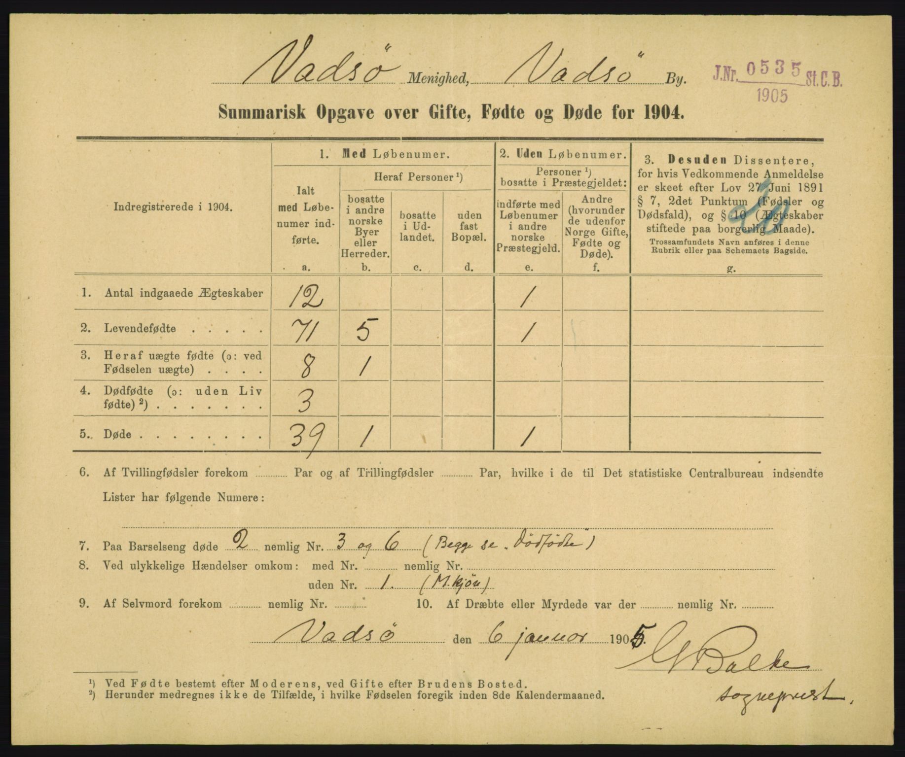 Statistisk sentralbyrå, Sosiodemografiske emner, Befolkning, RA/S-2228/D/Df/Dfa/Dfab/L0028: Summariske oppgaver over fødte, gifte, døde. Byer, 1904, p. 241