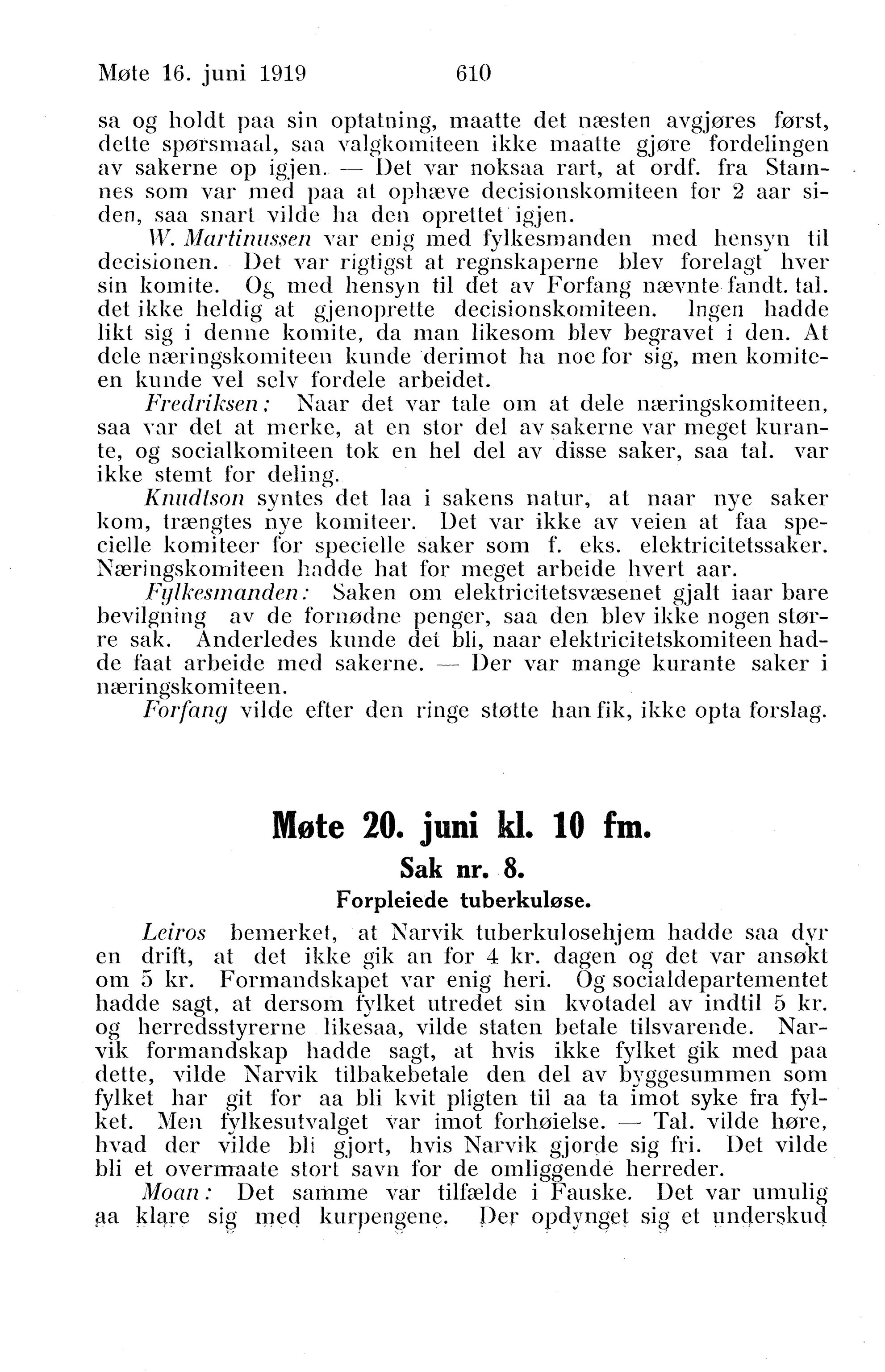 Nordland Fylkeskommune. Fylkestinget, AIN/NFK-17/176/A/Ac/L0042: Fylkestingsforhandlinger 1919, 1919, p. 610
