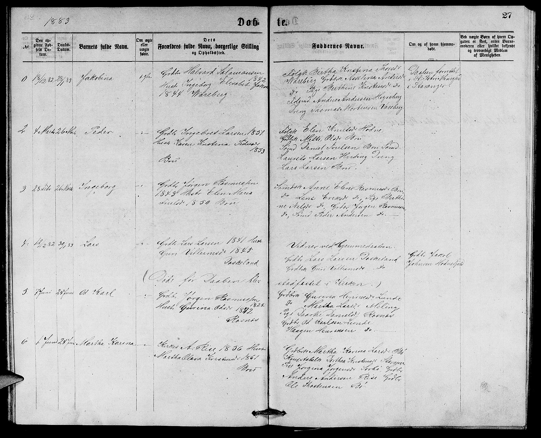 Rennesøy sokneprestkontor, AV/SAST-A -101827/H/Ha/Hab/L0005: Parish register (copy) no. B 5, 1871-1890, p. 27