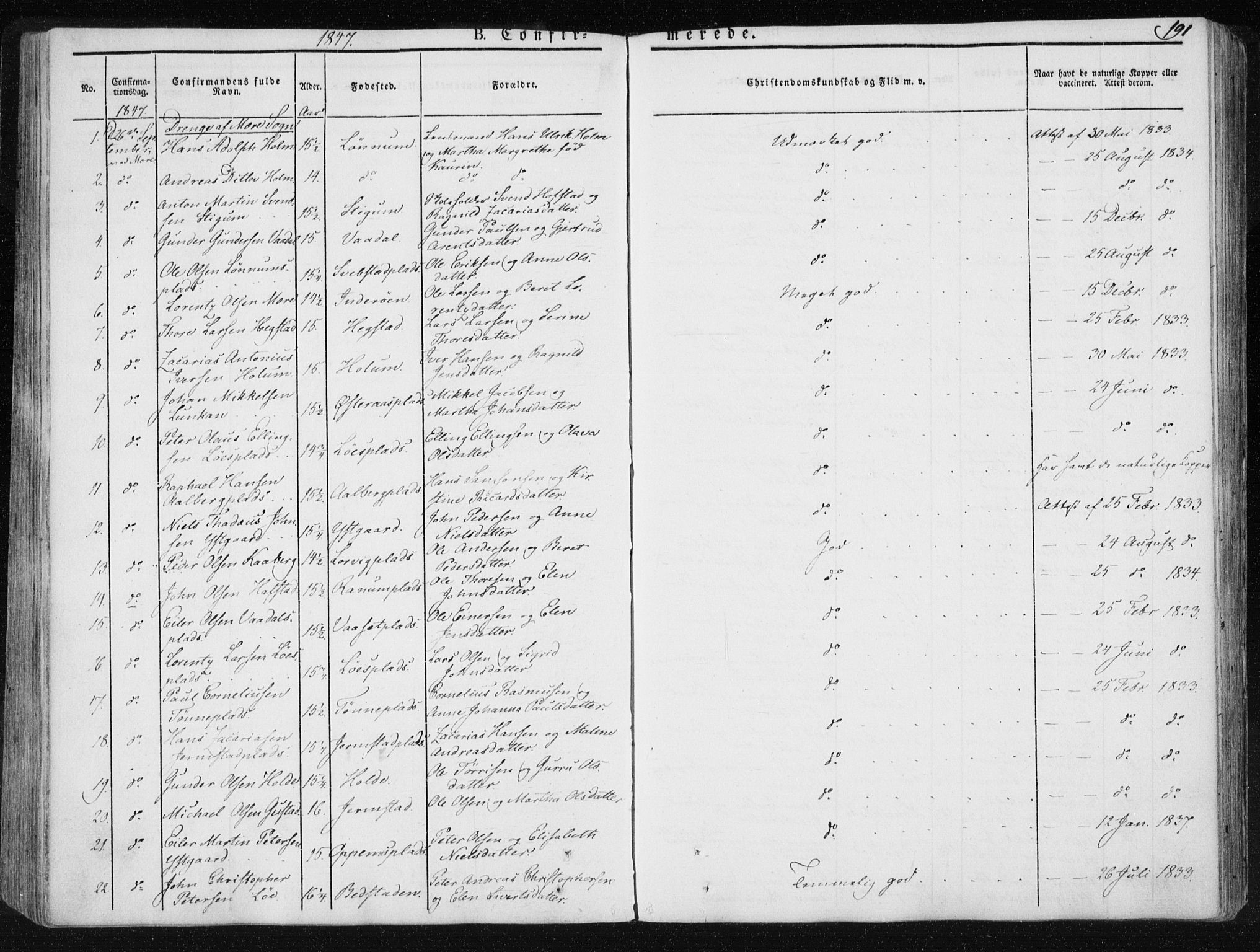 Ministerialprotokoller, klokkerbøker og fødselsregistre - Nord-Trøndelag, AV/SAT-A-1458/735/L0339: Parish register (official) no. 735A06 /1, 1836-1848, p. 191