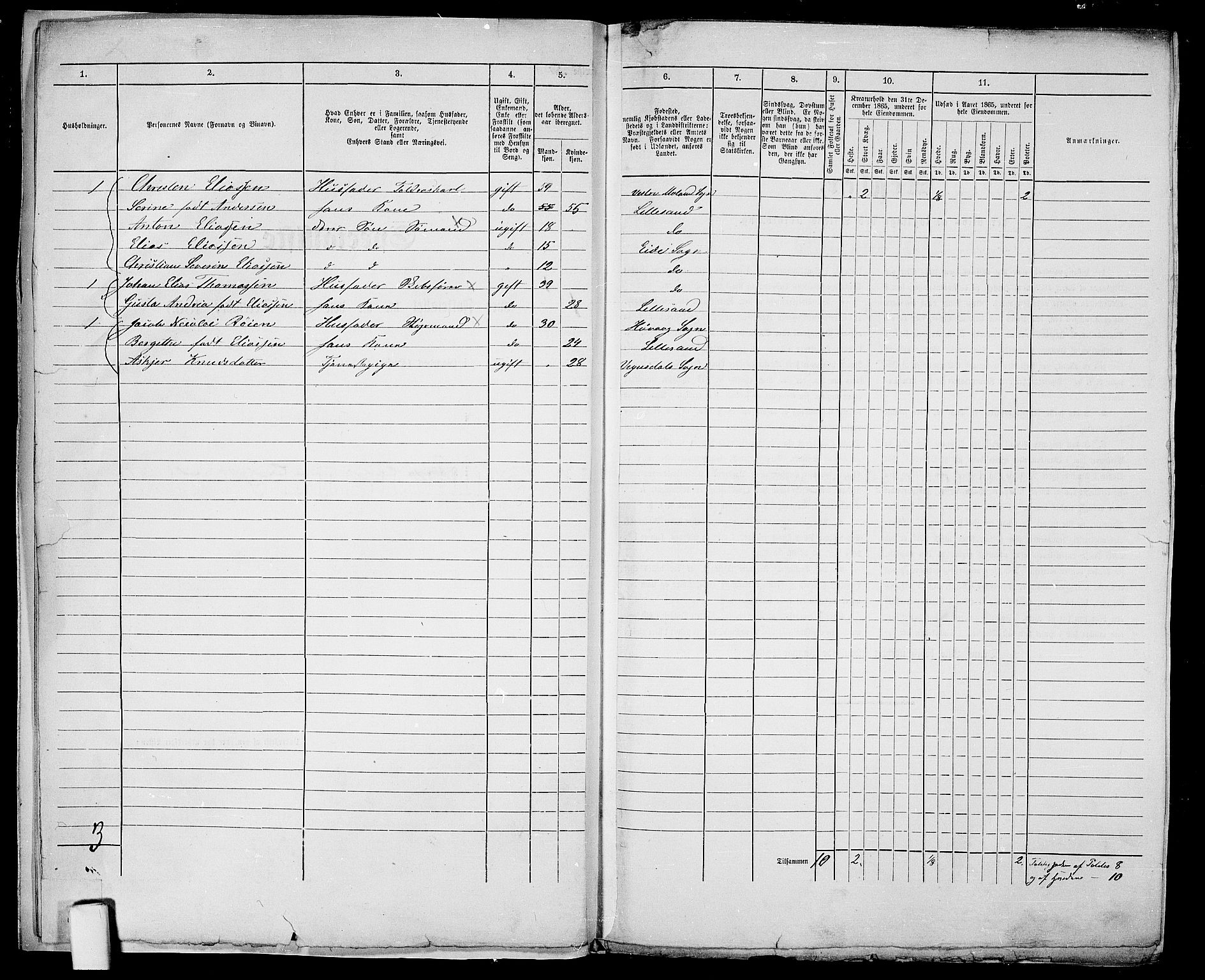 RA, 1865 census for Vestre Moland/Lillesand, 1865, p. 9