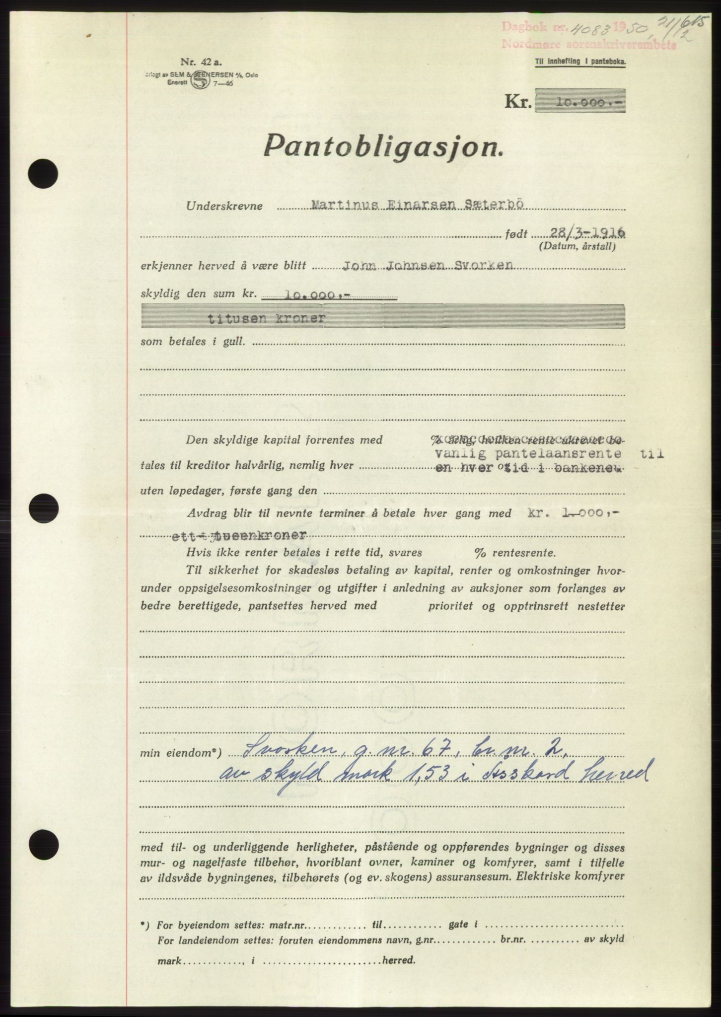 Nordmøre sorenskriveri, AV/SAT-A-4132/1/2/2Ca: Mortgage book no. B106, 1950-1950, Diary no: : 4083/1950