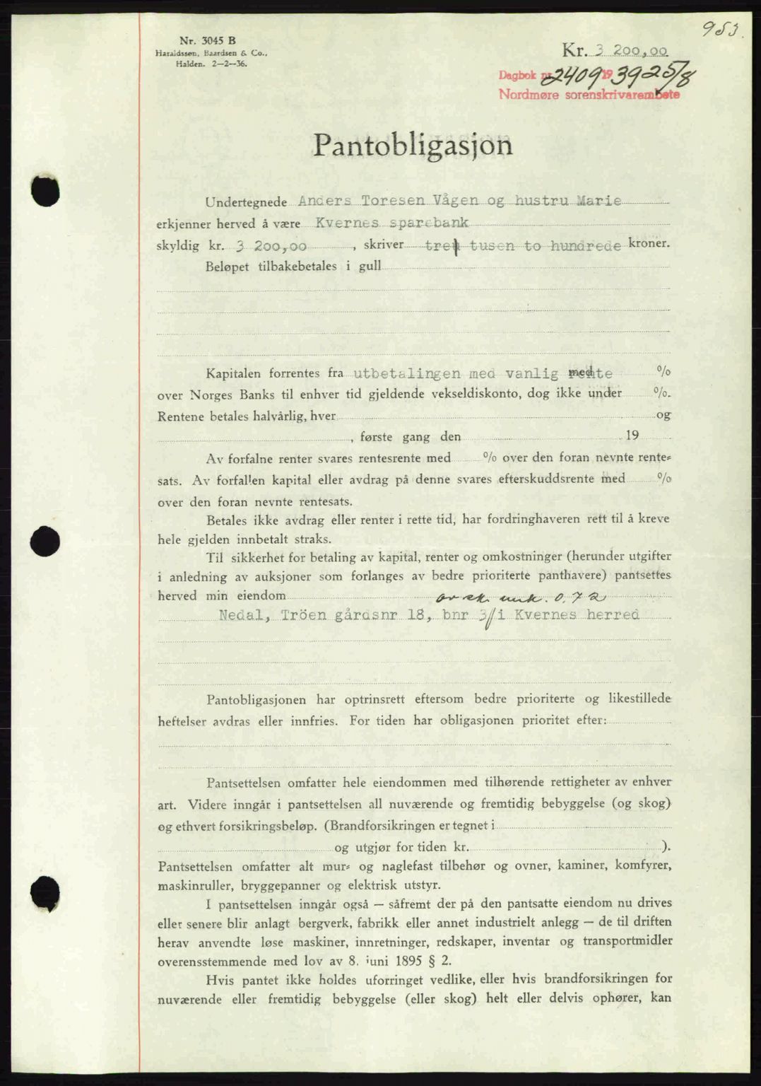 Nordmøre sorenskriveri, AV/SAT-A-4132/1/2/2Ca: Mortgage book no. B85, 1939-1939, Diary no: : 2409/1939