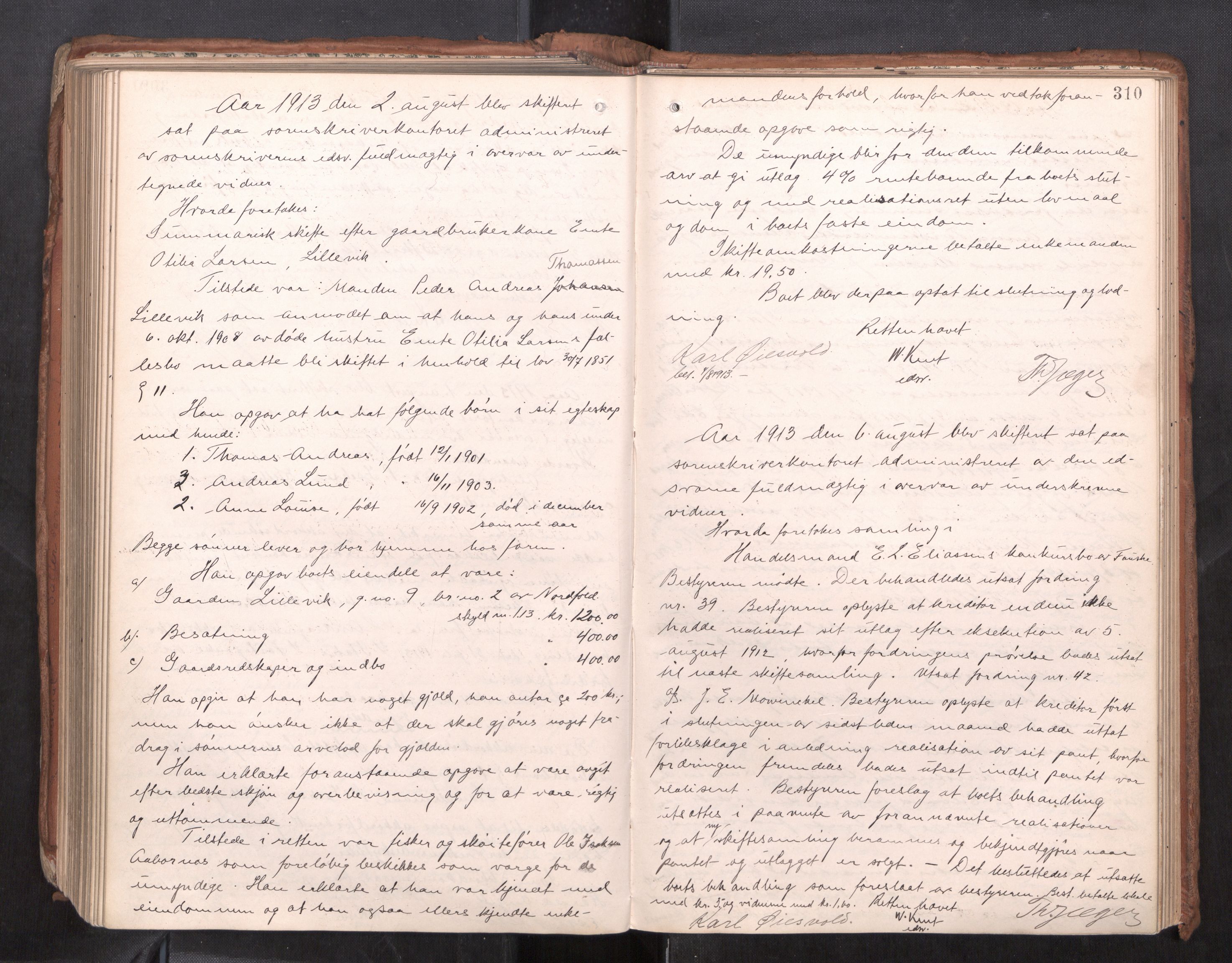 Salten sorenskriveri, AV/SAT-A-4578/1/3/3B/L0012: Skiftebehandlingsprotokoll, 1910-1915, p. 310