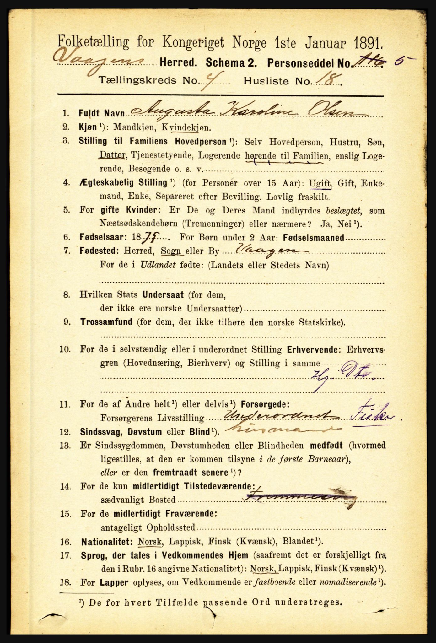 RA, 1891 census for 1865 Vågan, 1891, p. 1052