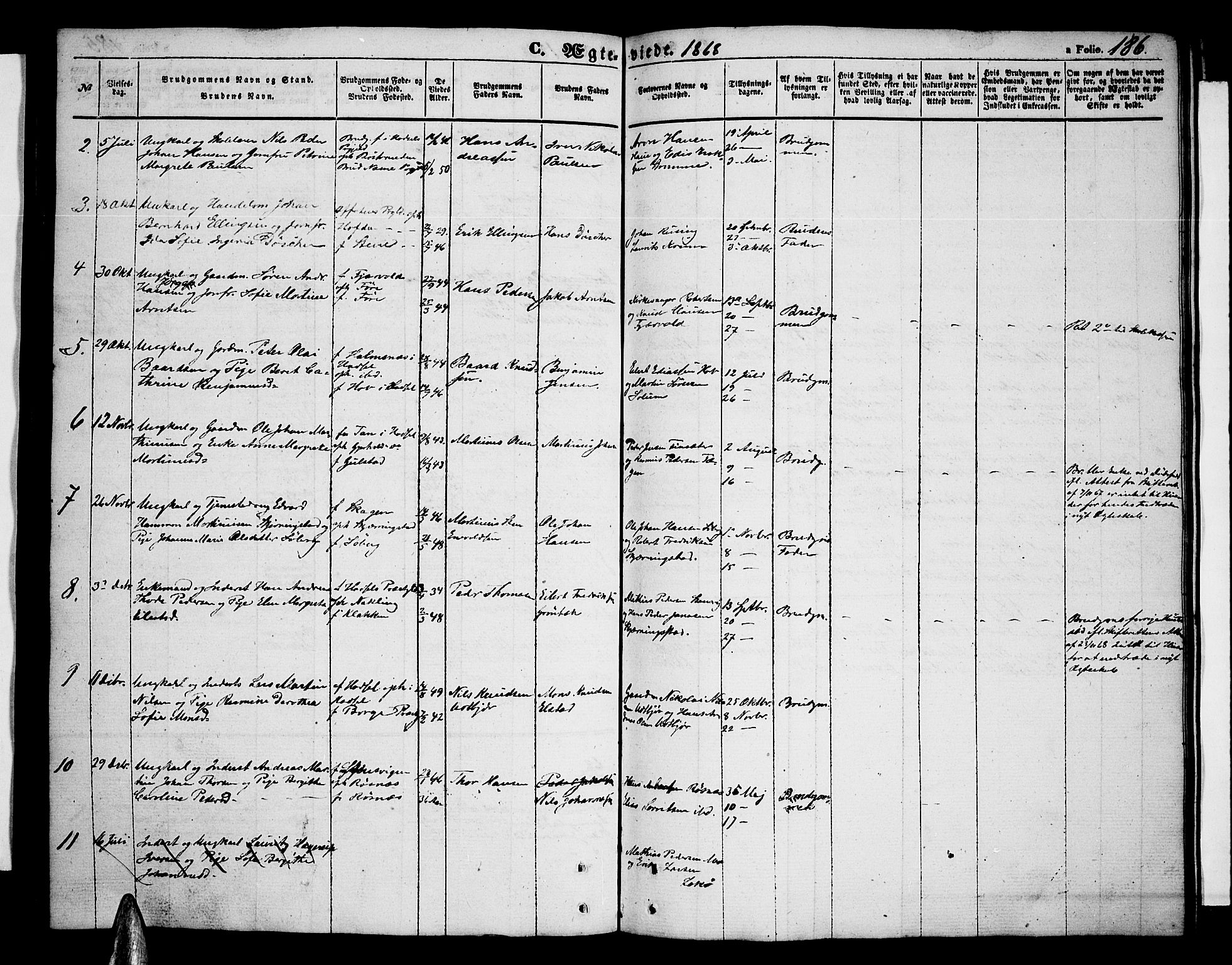 Ministerialprotokoller, klokkerbøker og fødselsregistre - Nordland, SAT/A-1459/891/L1313: Parish register (copy) no. 891C02, 1856-1870, p. 186