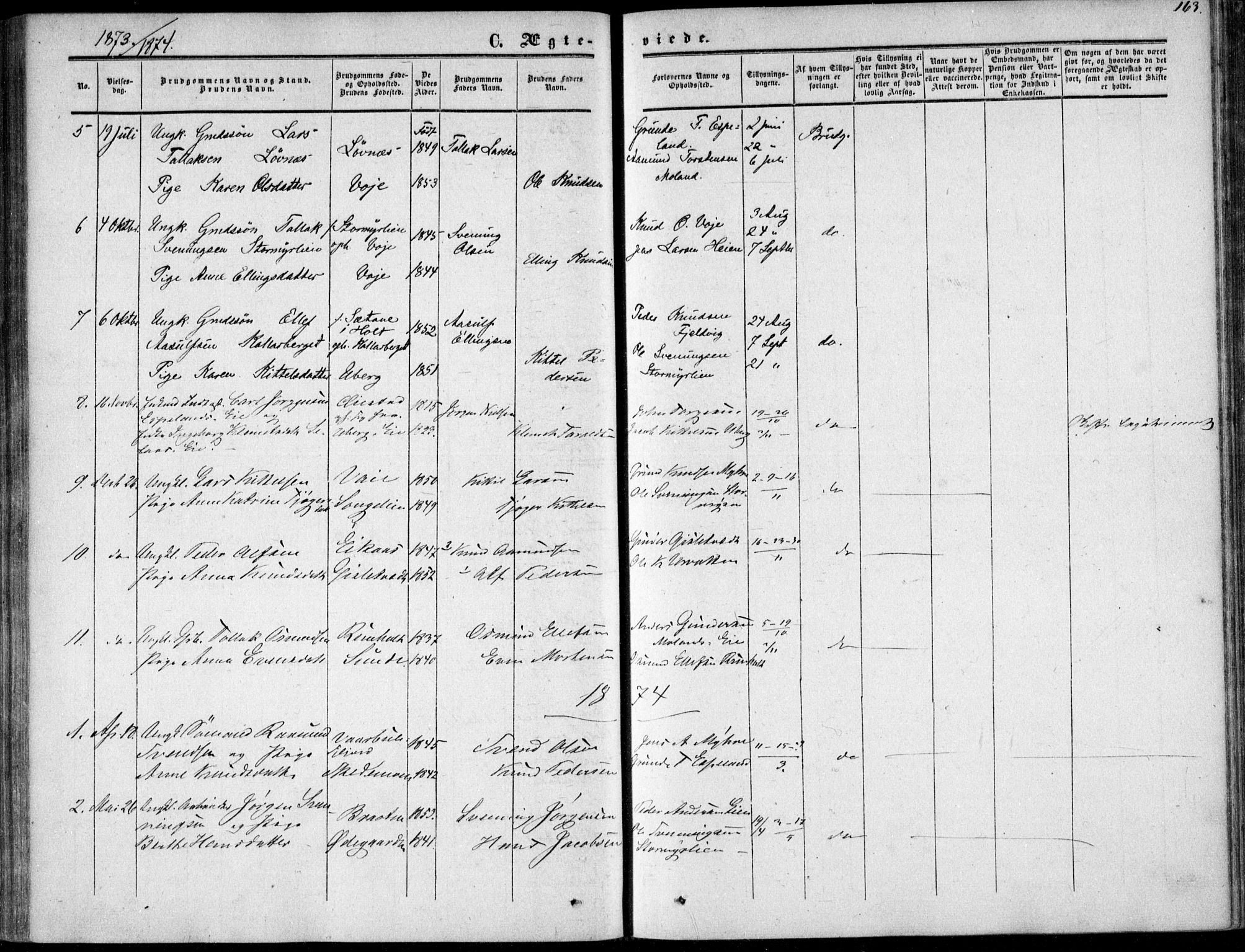 Gjerstad sokneprestkontor, AV/SAK-1111-0014/F/Fa/Fab/L0003: Parish register (official) no. A 3, 1853-1878, p. 163