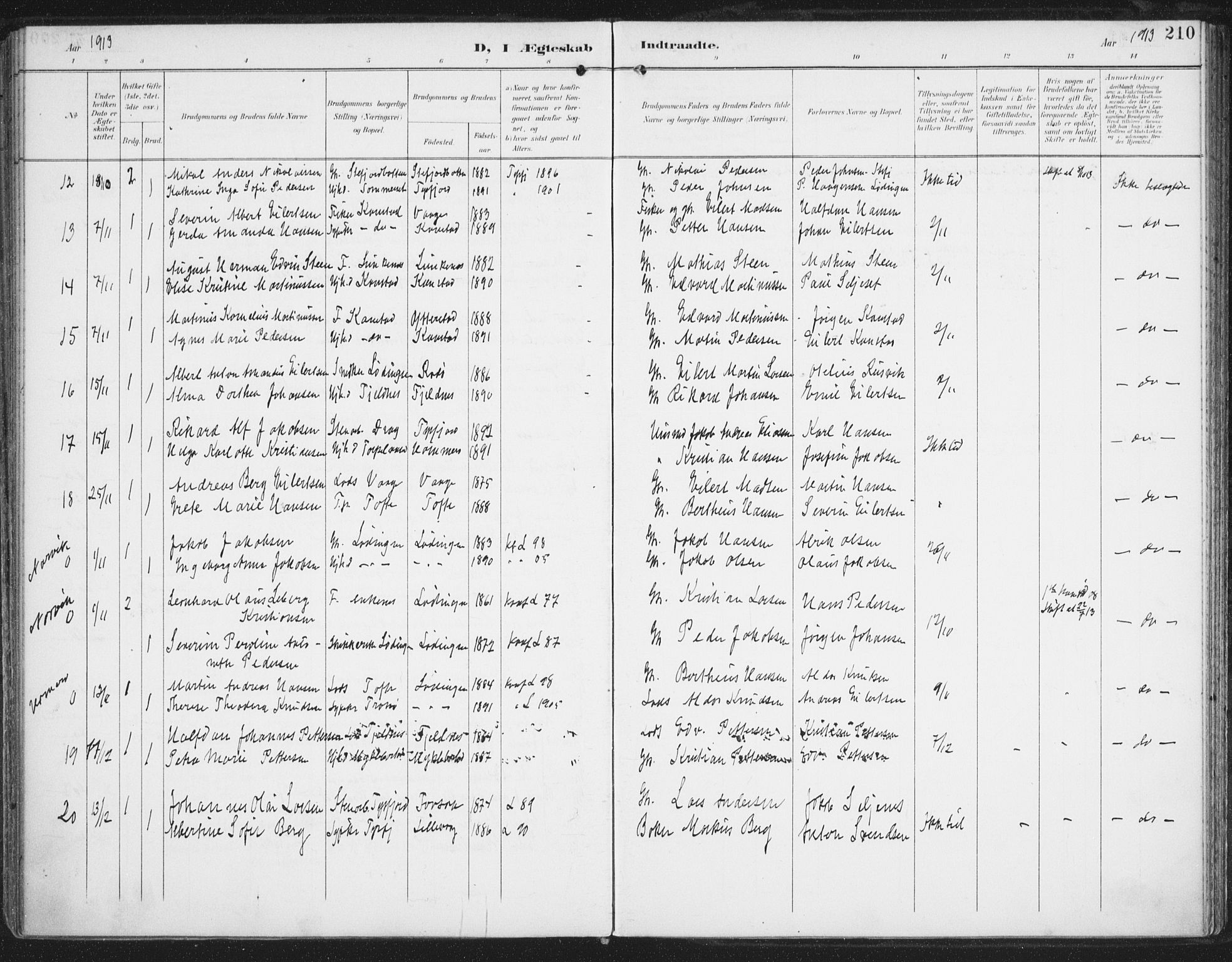 Ministerialprotokoller, klokkerbøker og fødselsregistre - Nordland, AV/SAT-A-1459/872/L1036: Parish register (official) no. 872A11, 1897-1913, p. 210