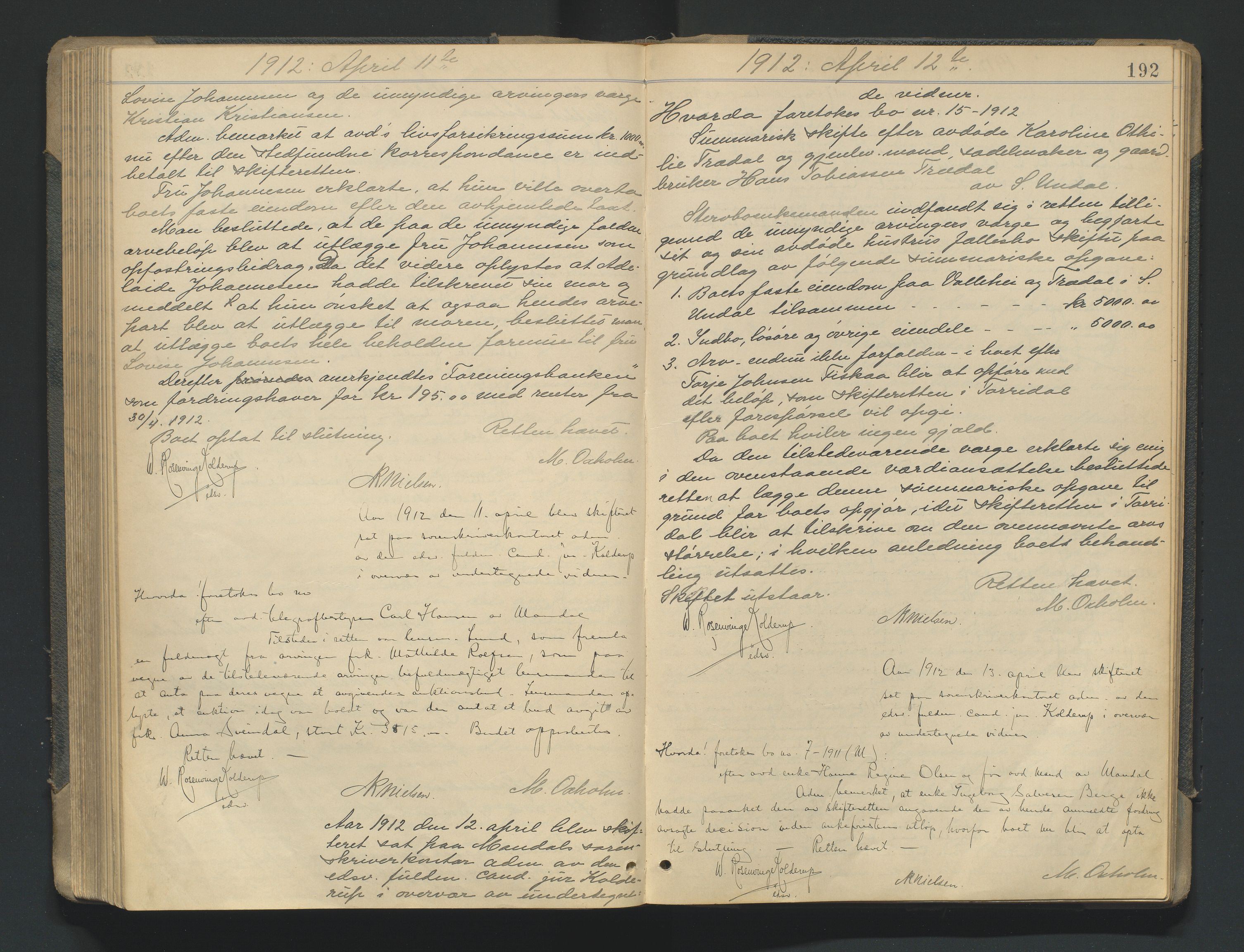 Mandal sorenskriveri, AV/SAK-1221-0005/001/H/Hc/L0081: Skifteforhandlingsprotokoll nr 13, 1909-1913, p. 192
