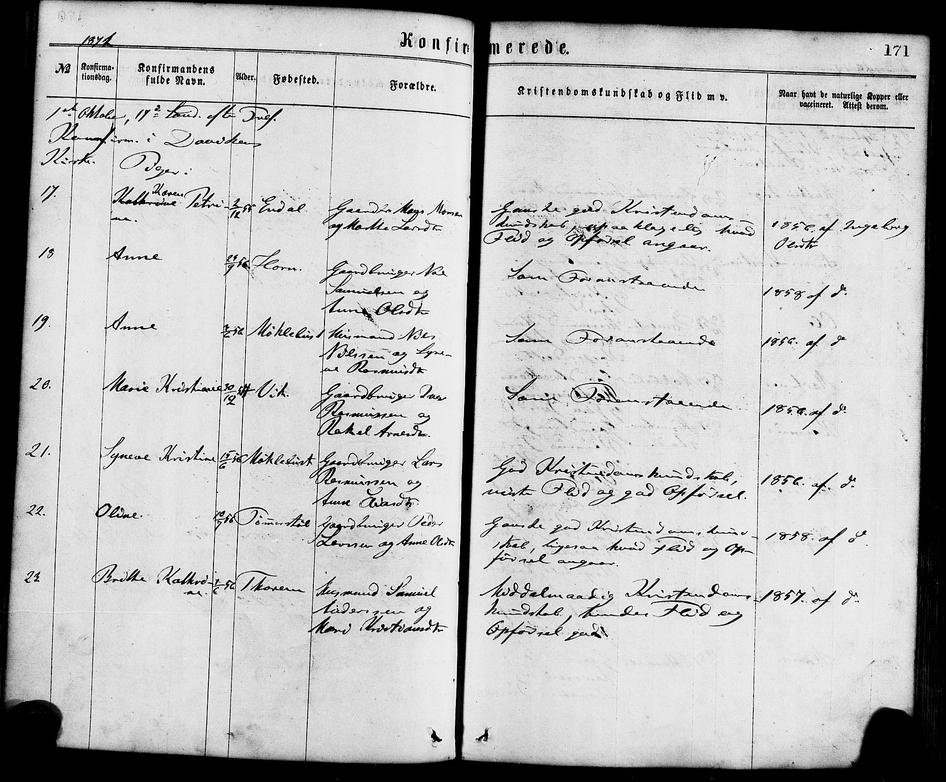 Davik sokneprestembete, AV/SAB-A-79701/H/Haa/Haaa/L0006: Parish register (official) no. A 6, 1867-1881, p. 171