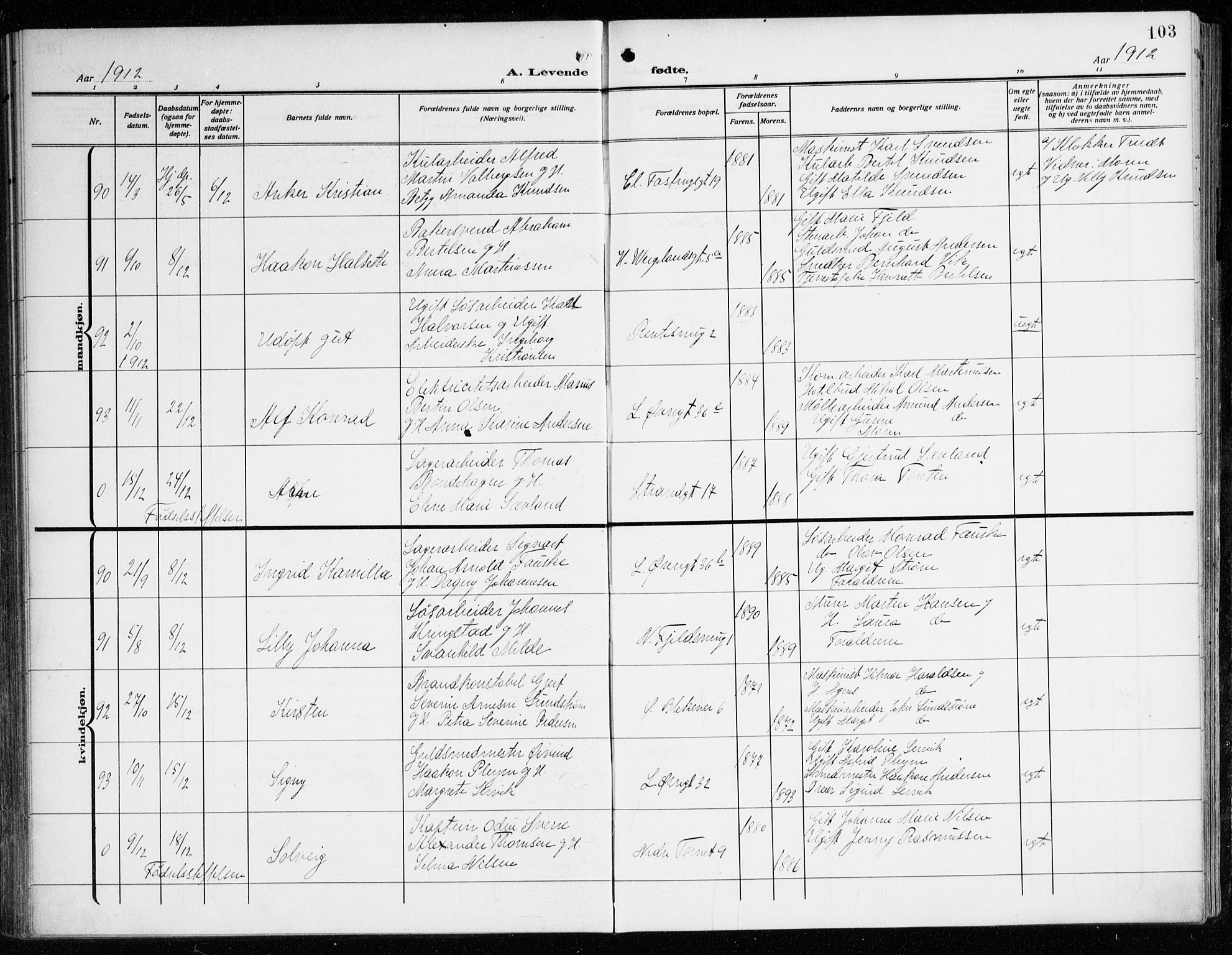 Korskirken sokneprestembete, AV/SAB-A-76101/H/Haa: Parish register (official) no. B 10, 1909-1923, p. 103