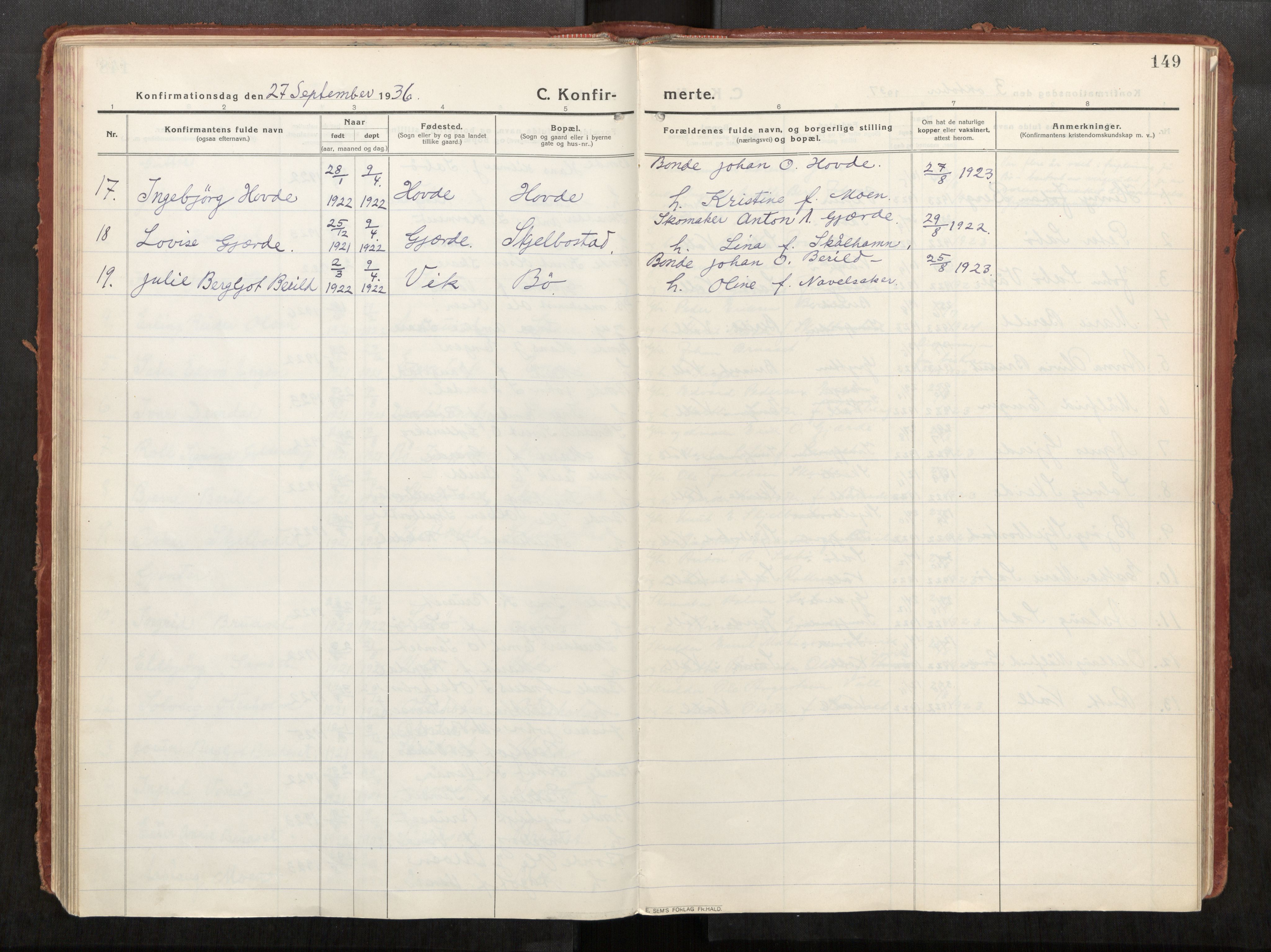 Eid sokneprestkontor, AV/SAT-A-1254: Parish register (official) no. 543A04, 1916-1956, p. 149