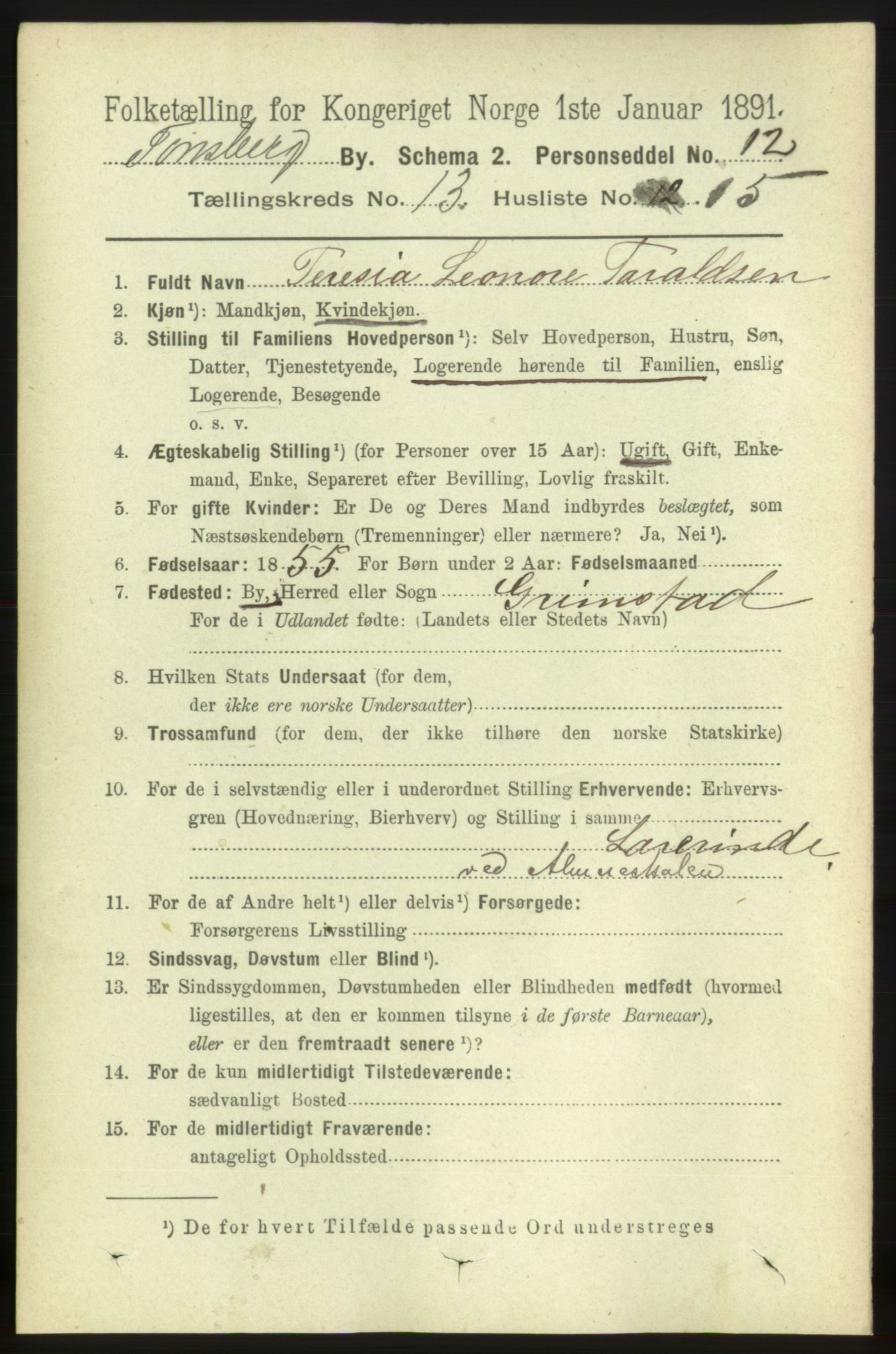 RA, 1891 census for 0705 Tønsberg, 1891, p. 4501