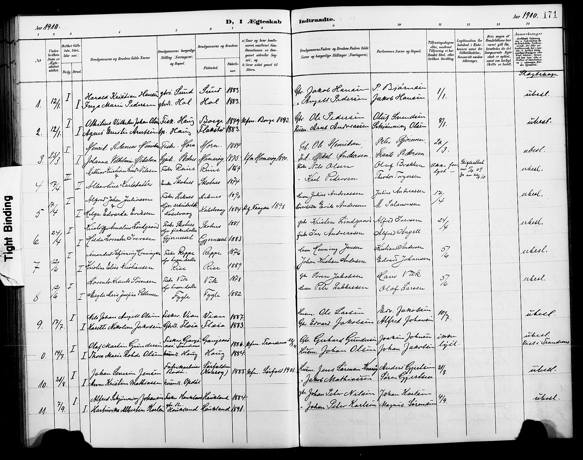 Ministerialprotokoller, klokkerbøker og fødselsregistre - Nordland, AV/SAT-A-1459/881/L1168: Parish register (copy) no. 881C05, 1900-1911, p. 171