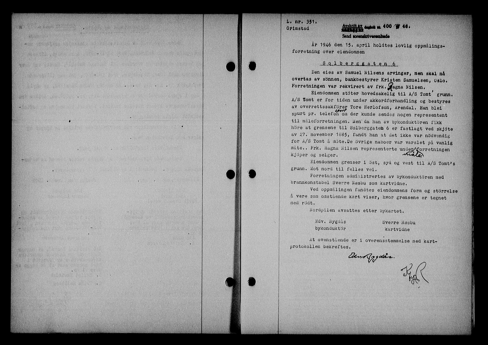 Vestre Nedenes/Sand sorenskriveri, AV/SAK-1221-0010/G/Gb/Gba/L0054: Mortgage book no. A 7, 1945-1946, Diary no: : 400/1946
