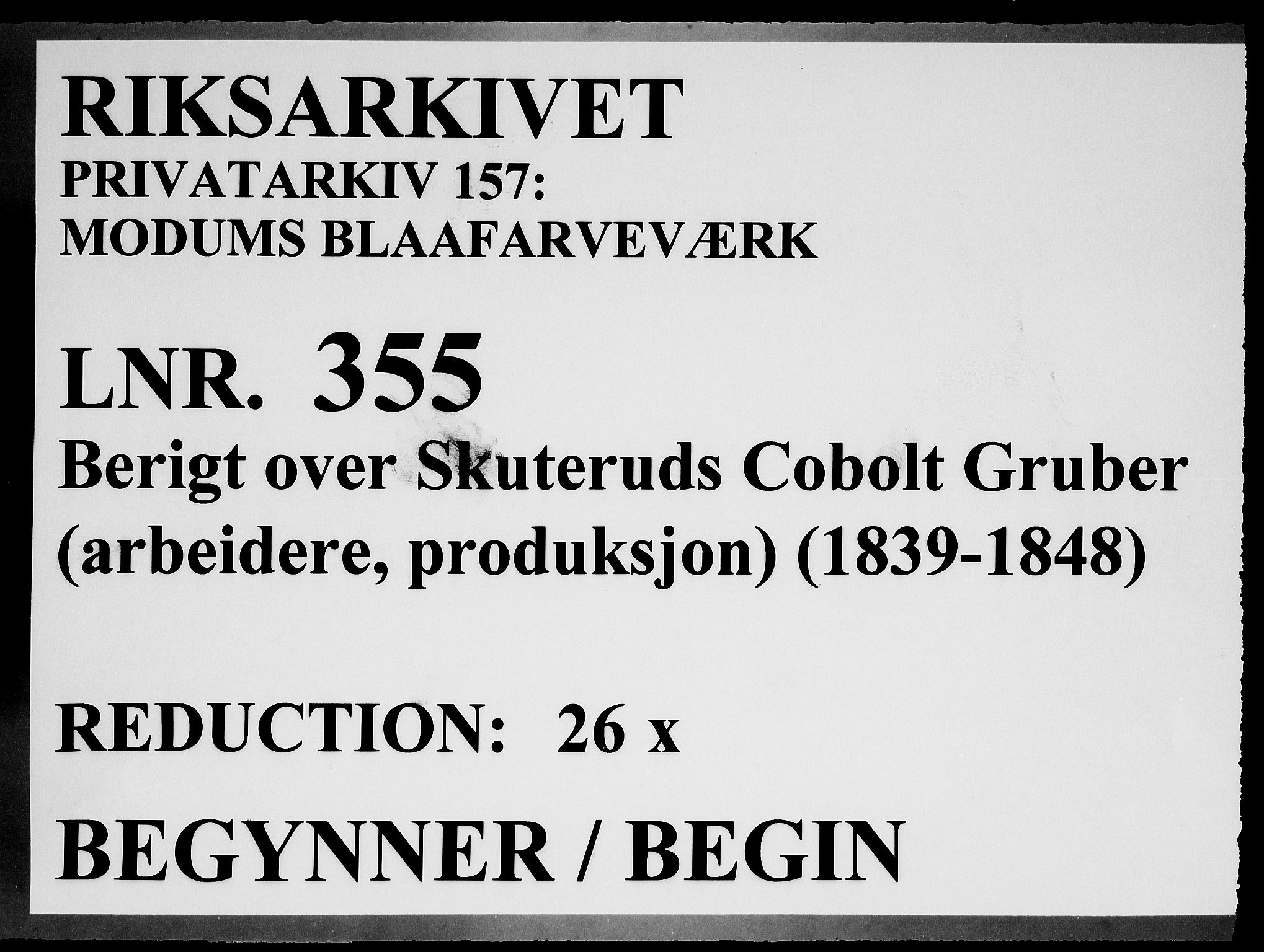 Modums Blaafarveværk, RA/PA-0157/G/Ge/L0355/0001: -- / Berigt for Skuteruds Cobolt Gruber, med oppgaver over antall arbeidere og produksjon, 1839-1848, p. 1